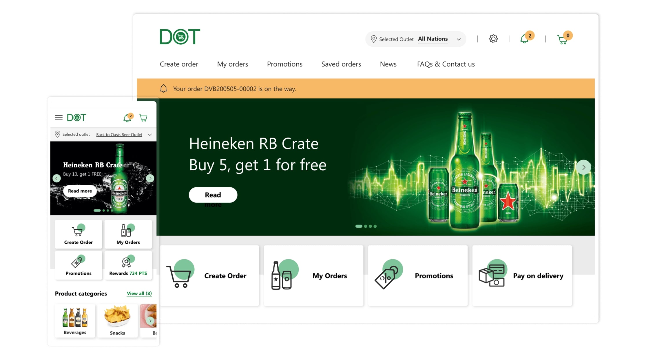 DOT online store homepage showing Heineken RB Crate promotion with buy 5 get 1 free offer