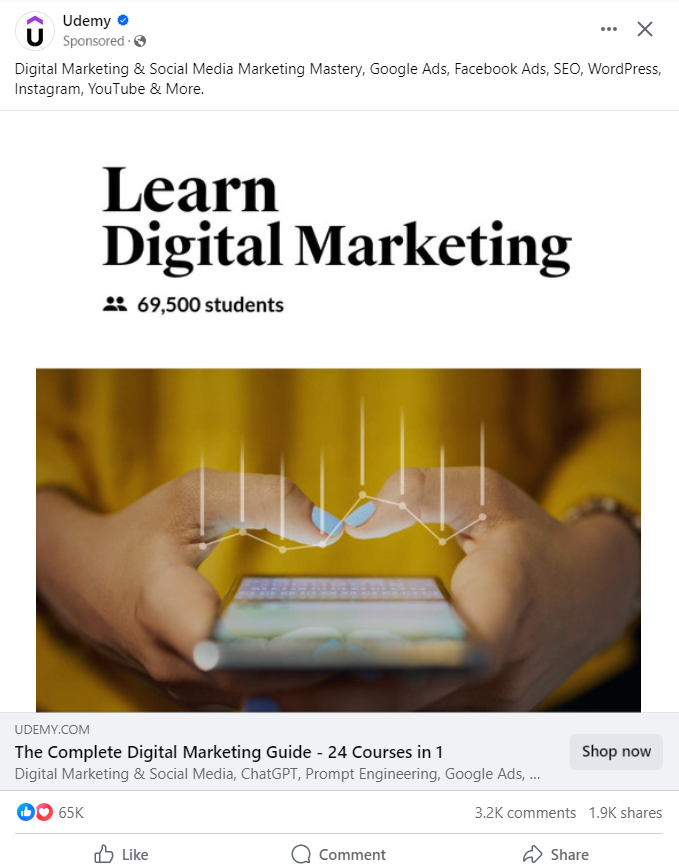 A screenshot of Udemy’s digital marketing course dynamic retargeting ads.