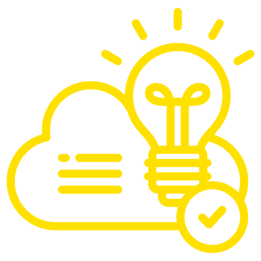 Bright yellow cloud and light bulb icon with a checkmark symbolizing verified ideas