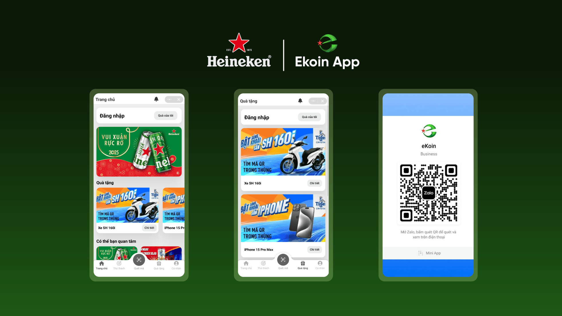 Heineken Ekoin App showcasing login, gift rewards, and QR code scan features