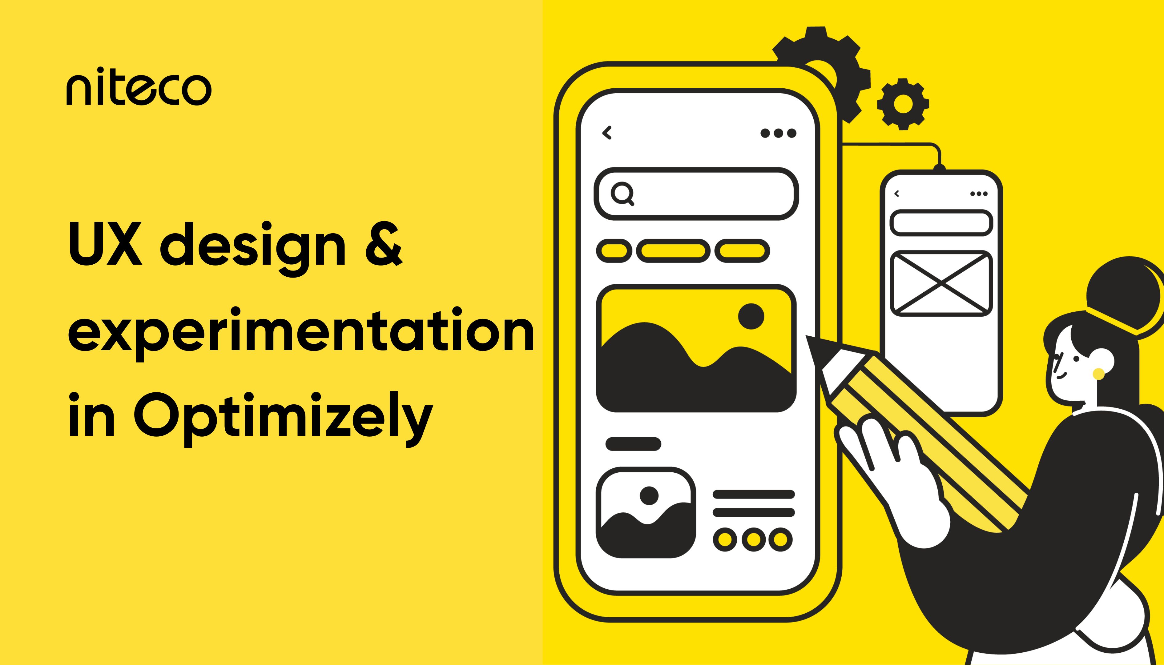 UX design and experimentation concepts illustrated with mobile app interfaces and tools