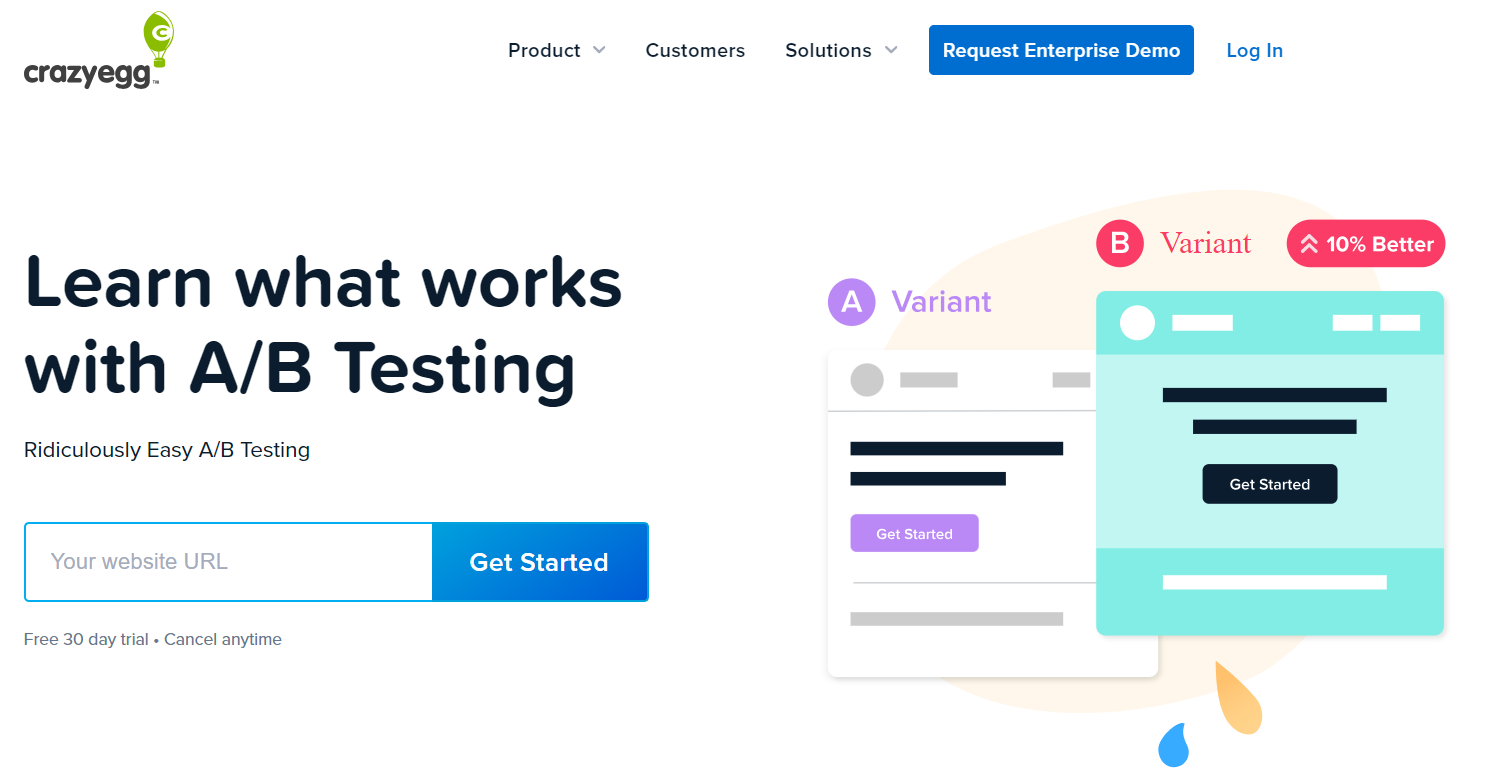 A screenshot of Crazy Egg’s A/B testing service page.