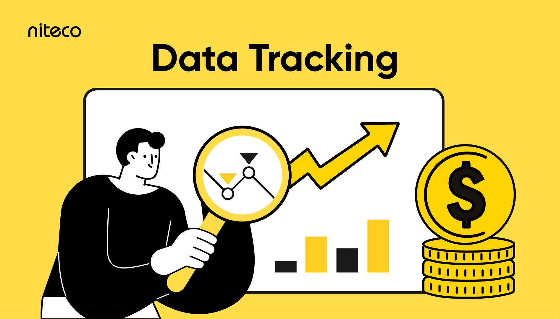 Data Tracking with analytics magnifying graph and rising revenue coins