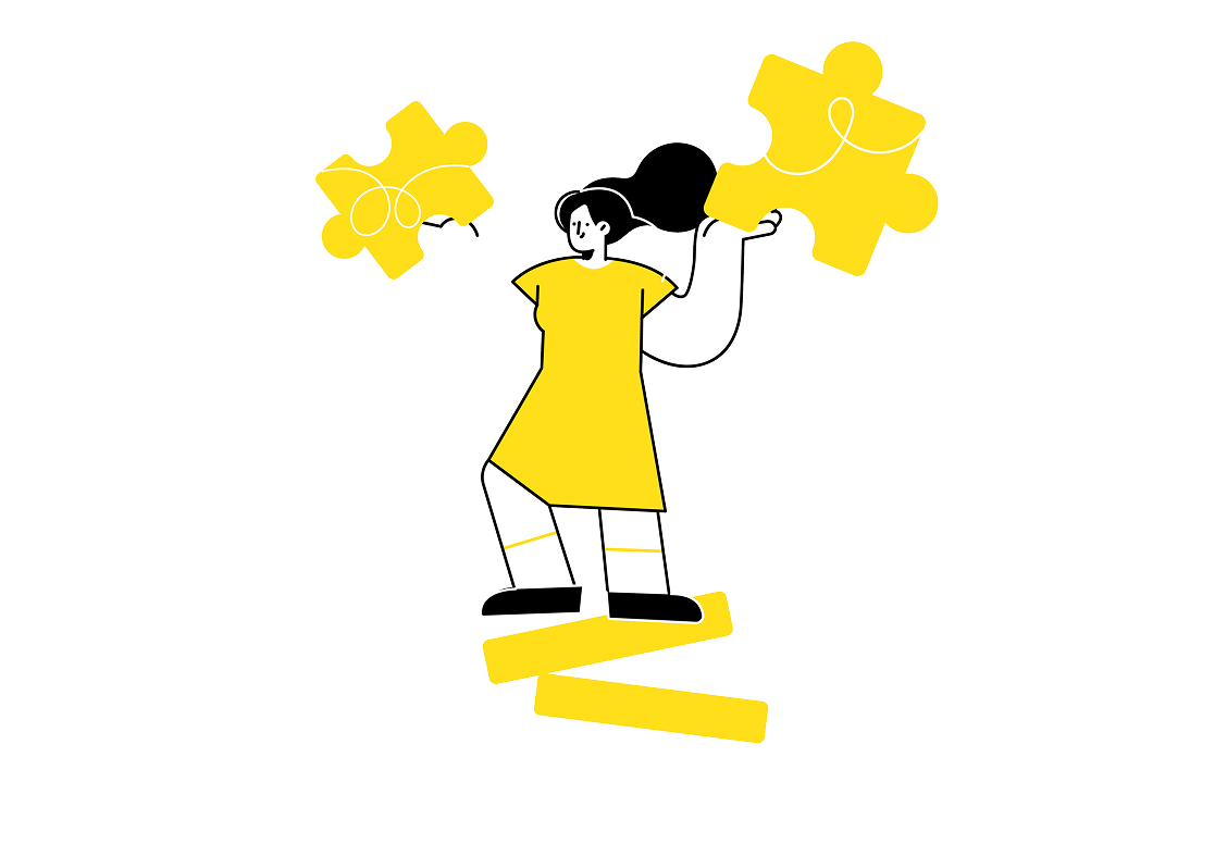 Woman balancing puzzle pieces symbolizing problem solving and creativity skills
