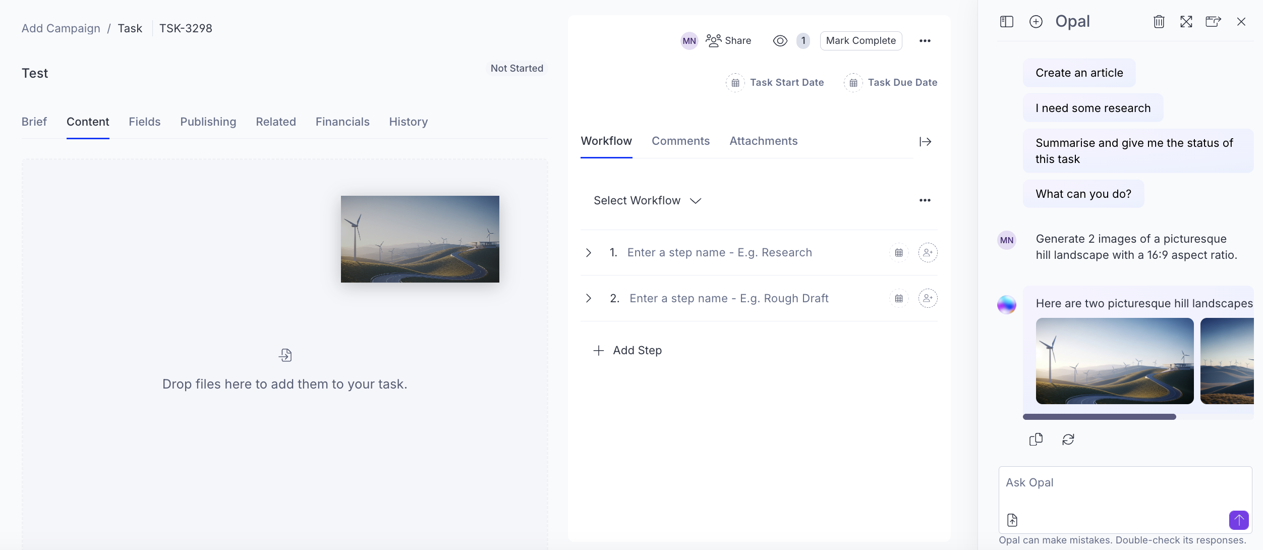 Optimizely Opal Chat in CMP empowers teams to streamline content creation by generating ideas, images, and updates directly within tasks