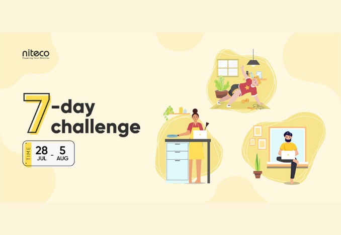7-day challenge banner with diverse people working, cooking, exercising at home