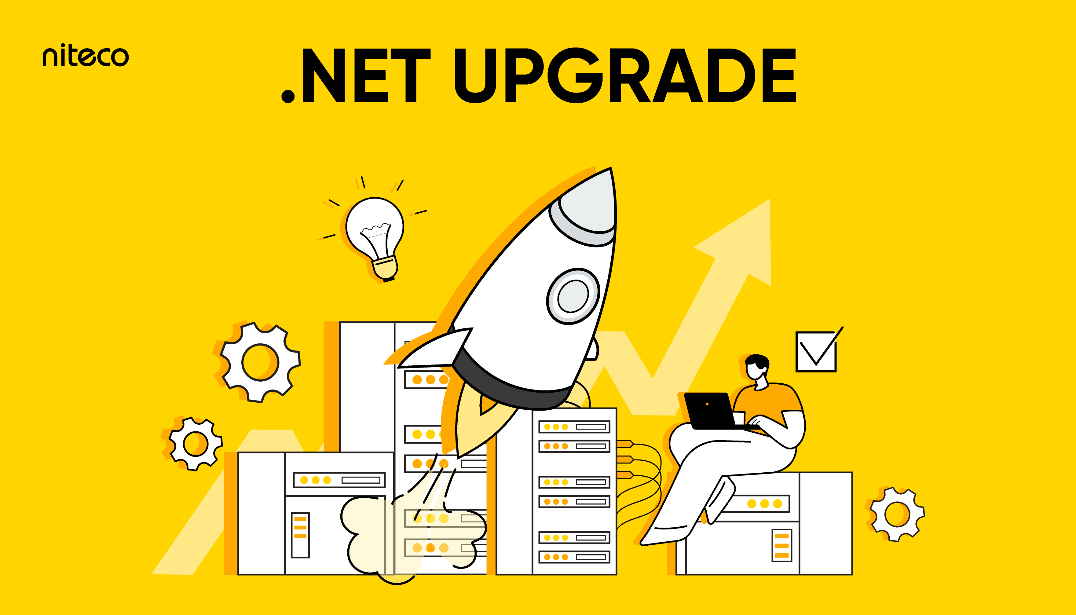Get the most out of your online presence: Why a .NET upgrade is your next big move .NET upgrade rocket launching from servers with person working on laptop