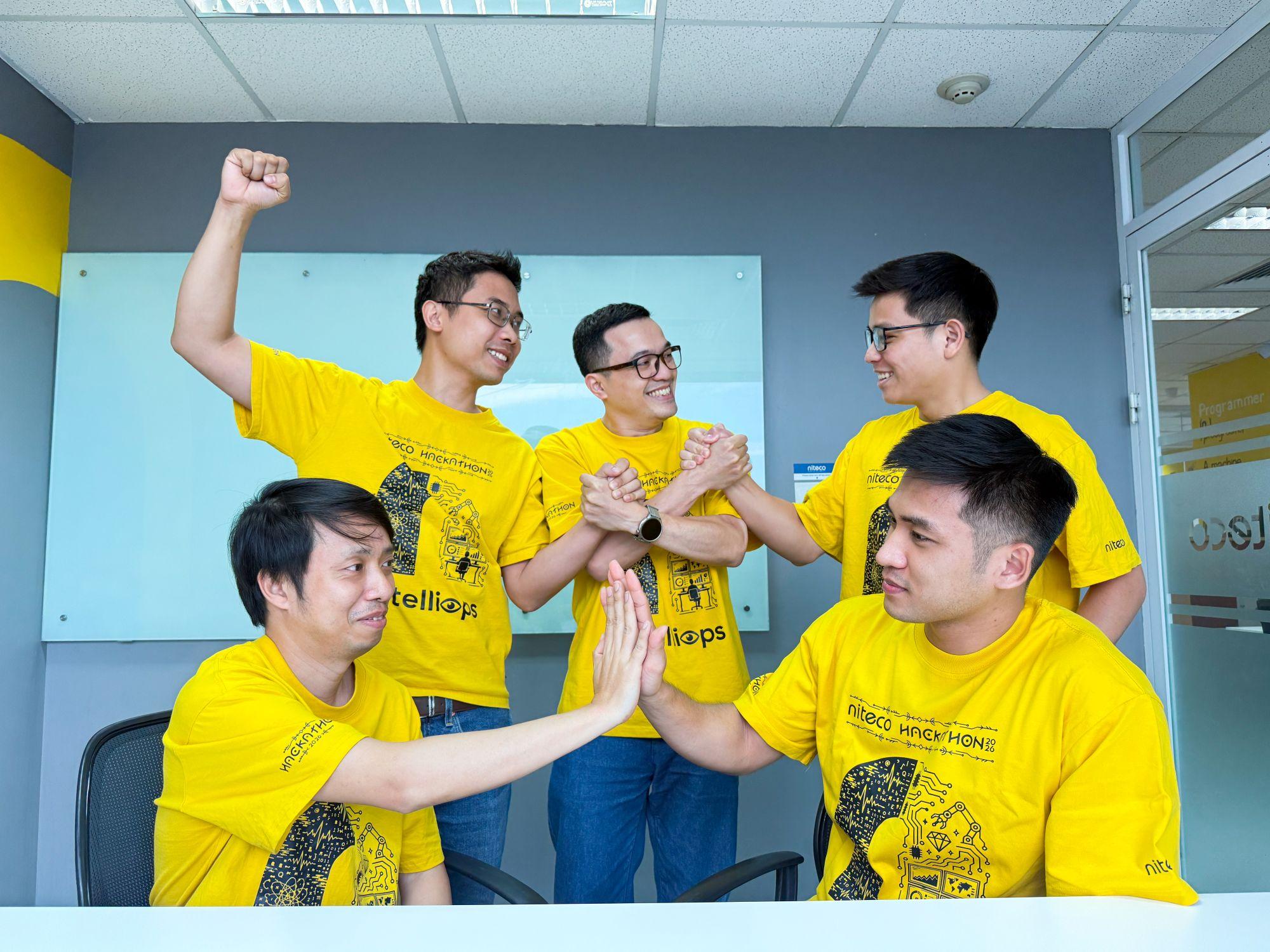 IntelliOps team celebrating their collaboration and second-place finish at the Niteco AI Hackathon 2026