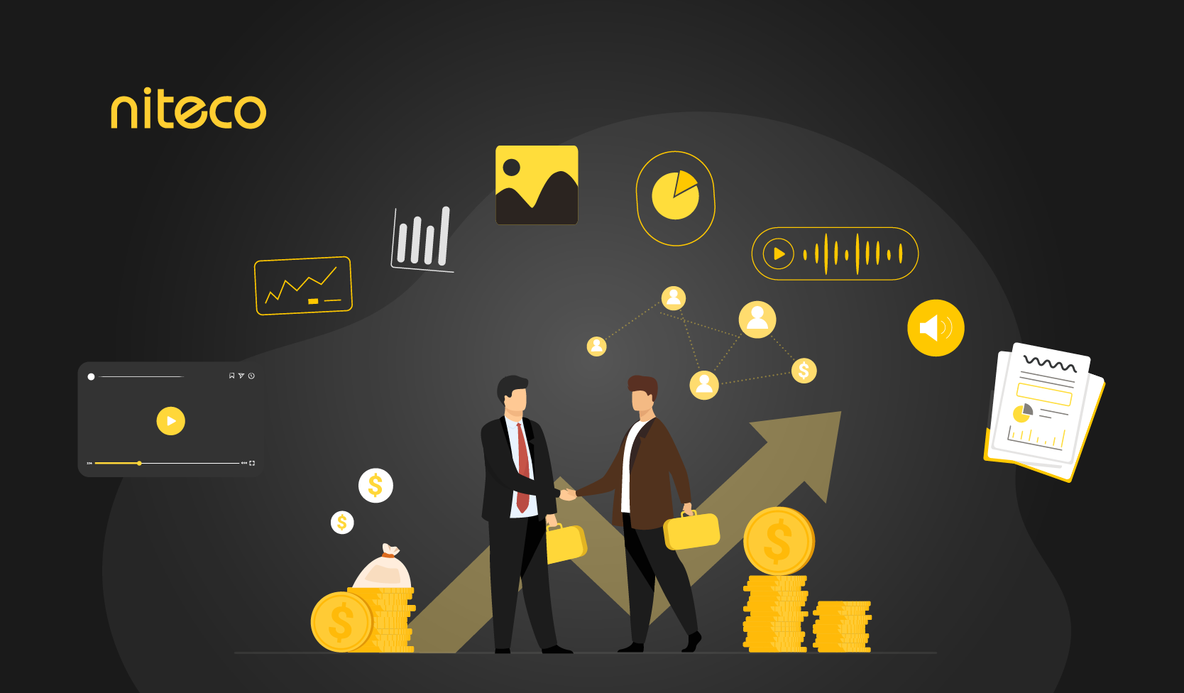 Niteco business partnership with financial growth and digital data icons around