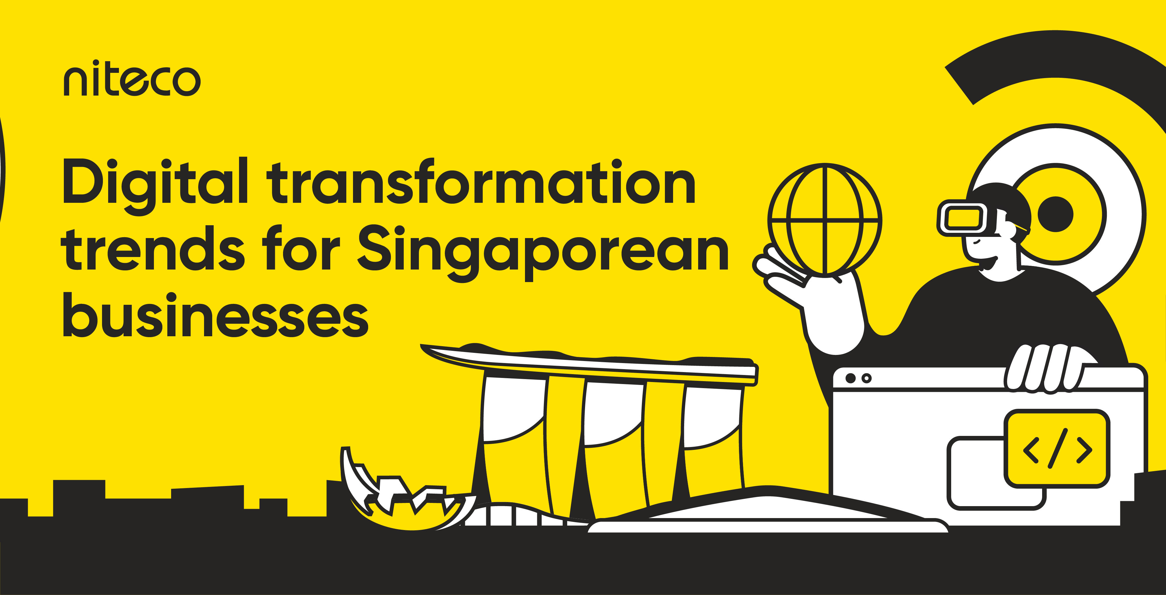 Digital transformation trends for Singaporean businesses with VR and coding icons