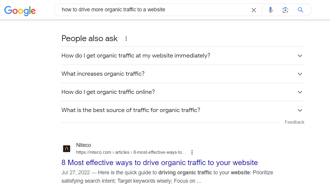 A screenshot of a search result and the People also ask snippet of How to drive more organic traffic to a website 