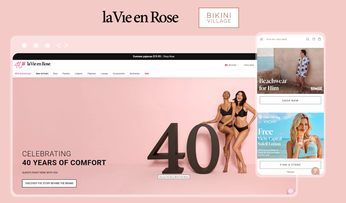 La Vie en Rose 40th anniversary homepage and Bikini Village mobile site showing lingerie and beachwear promotions.