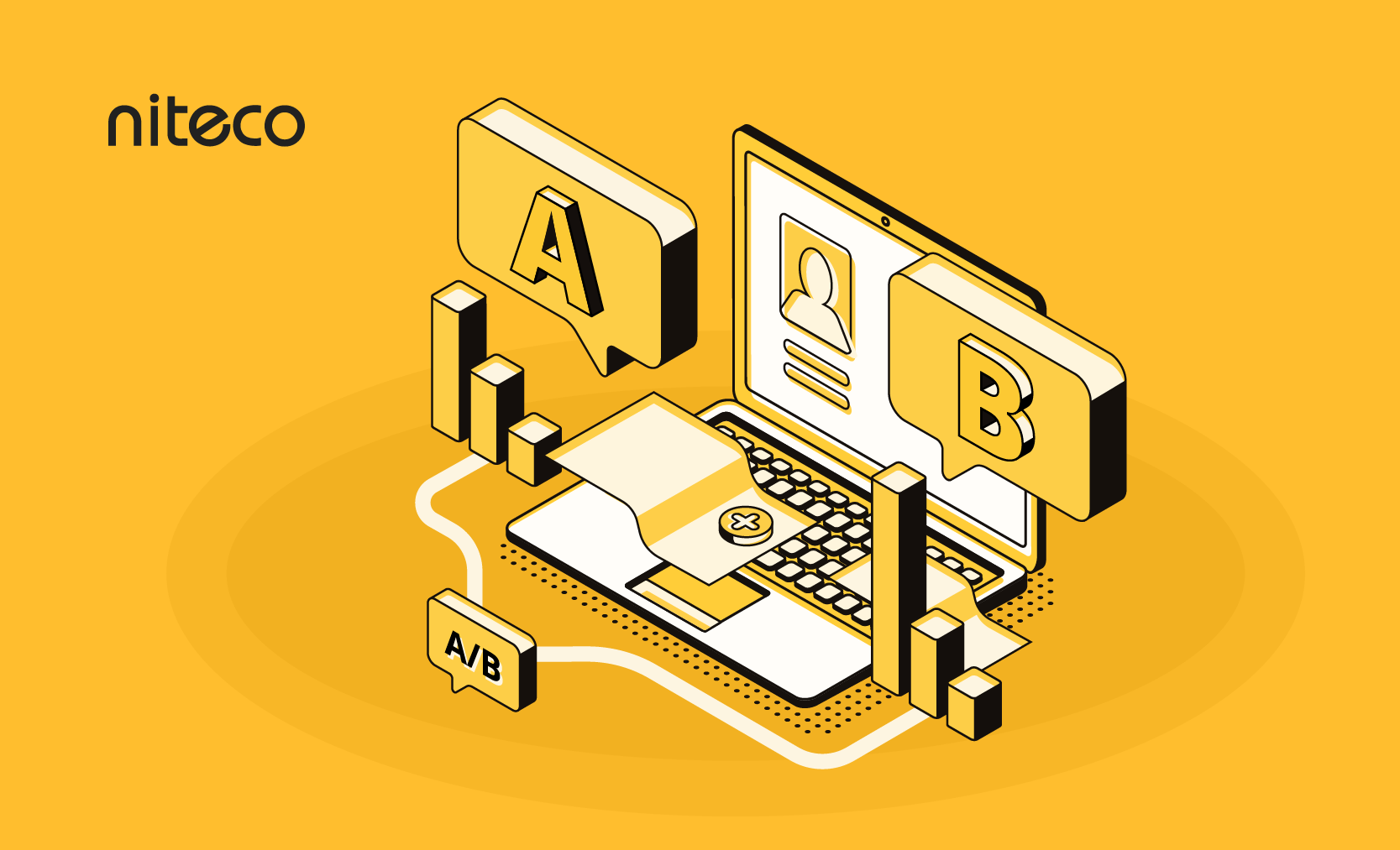 A/B testing concept with laptop, data charts, and A/B options on yellow background