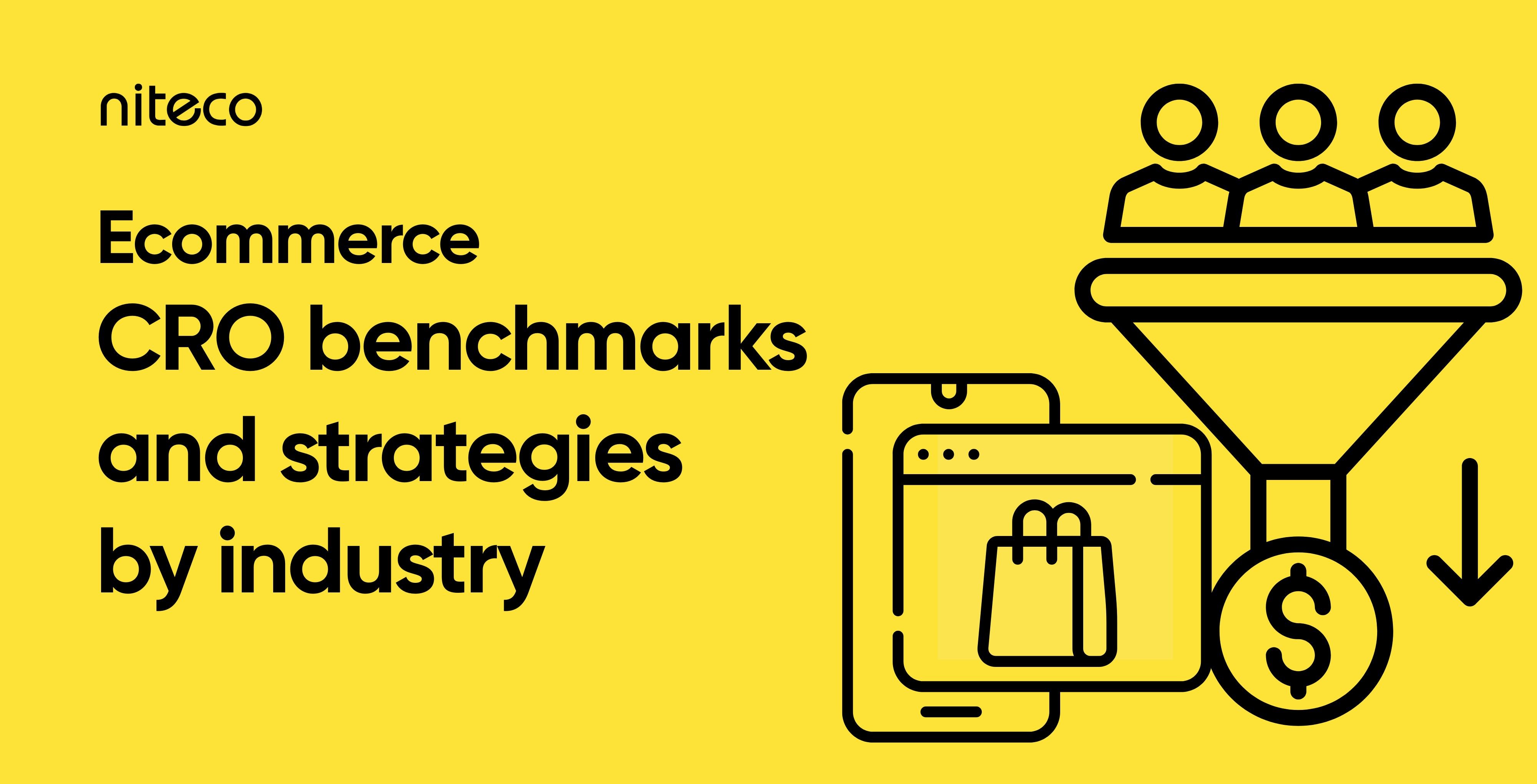 Slide titled "Commerce CRO benchmarks and strategies by industry" with icons of a phone, shopping bag, funnel with users,...
