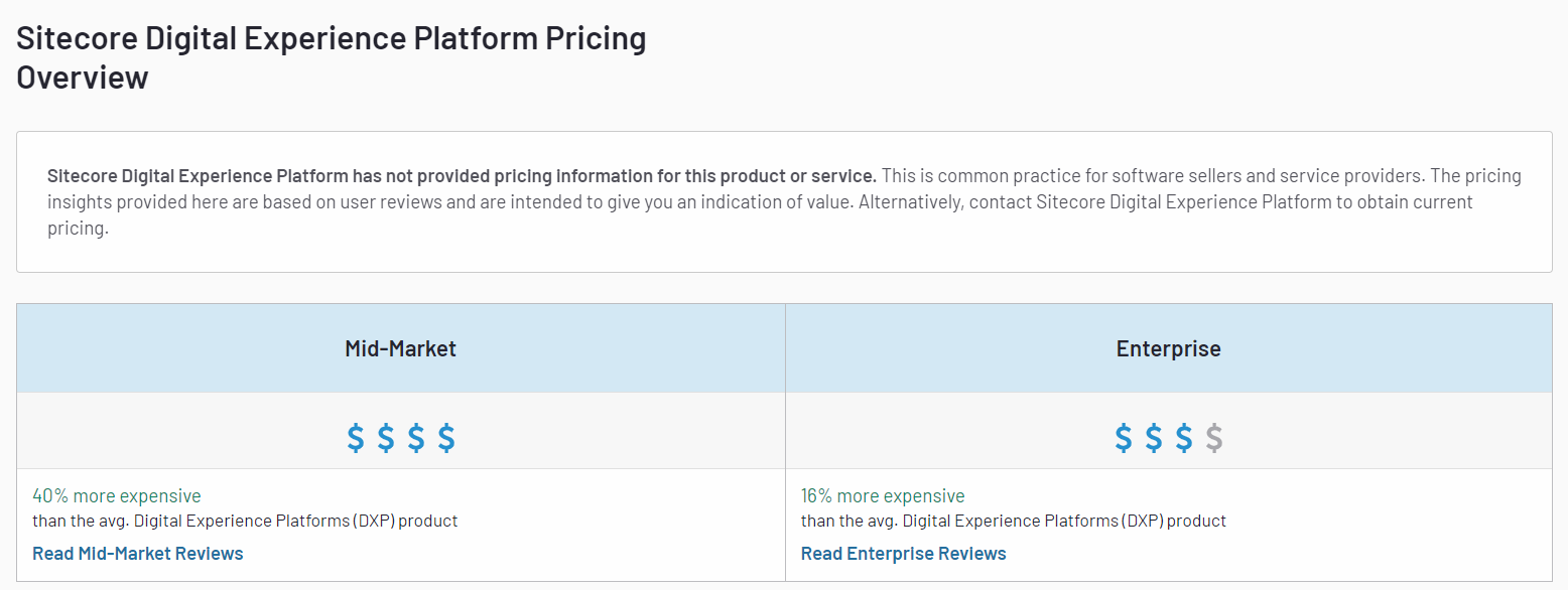 A screenshot of Sitecore’s digital experience platform pricing on G2.