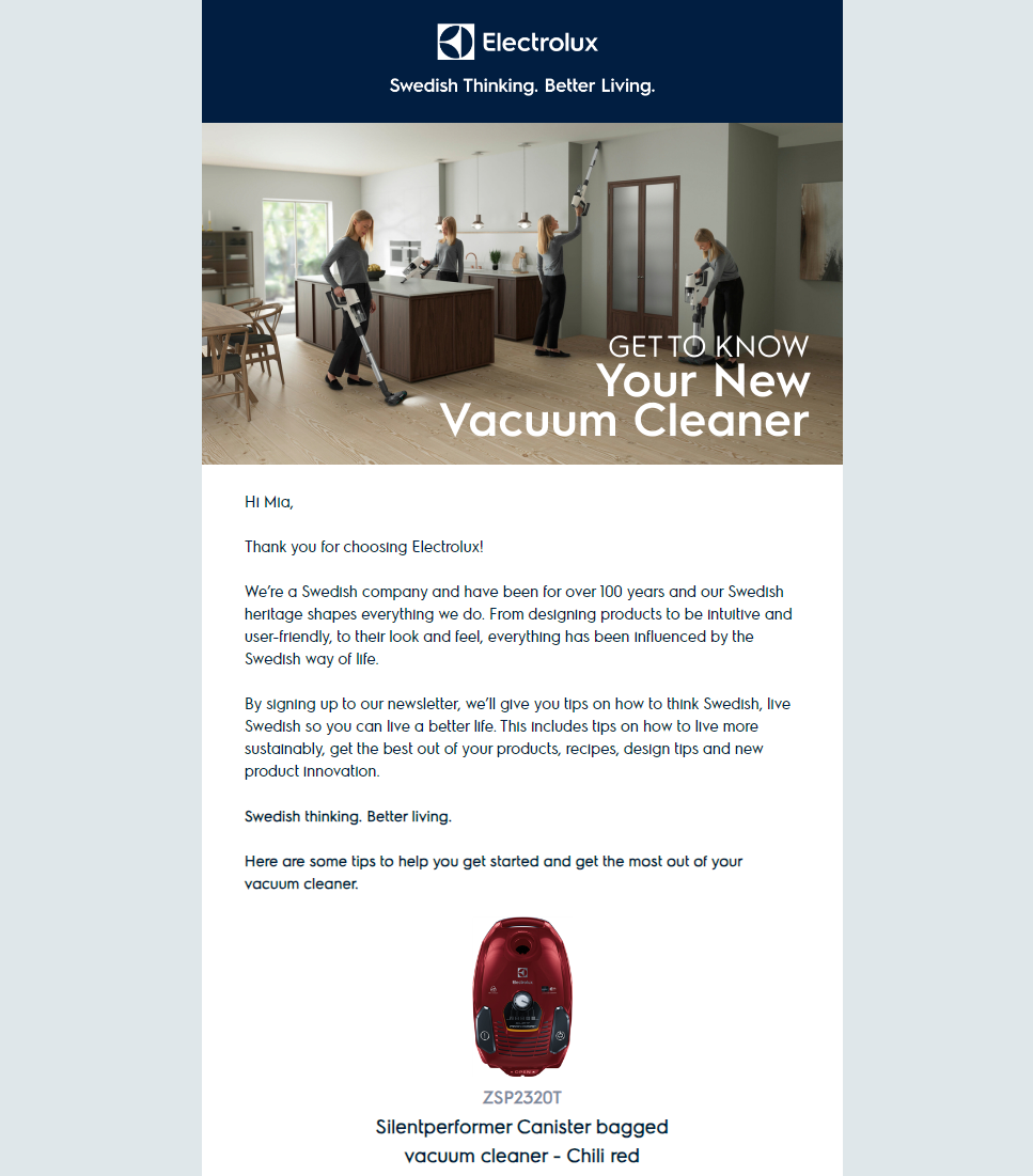 Electrolux email with custom content for registered users