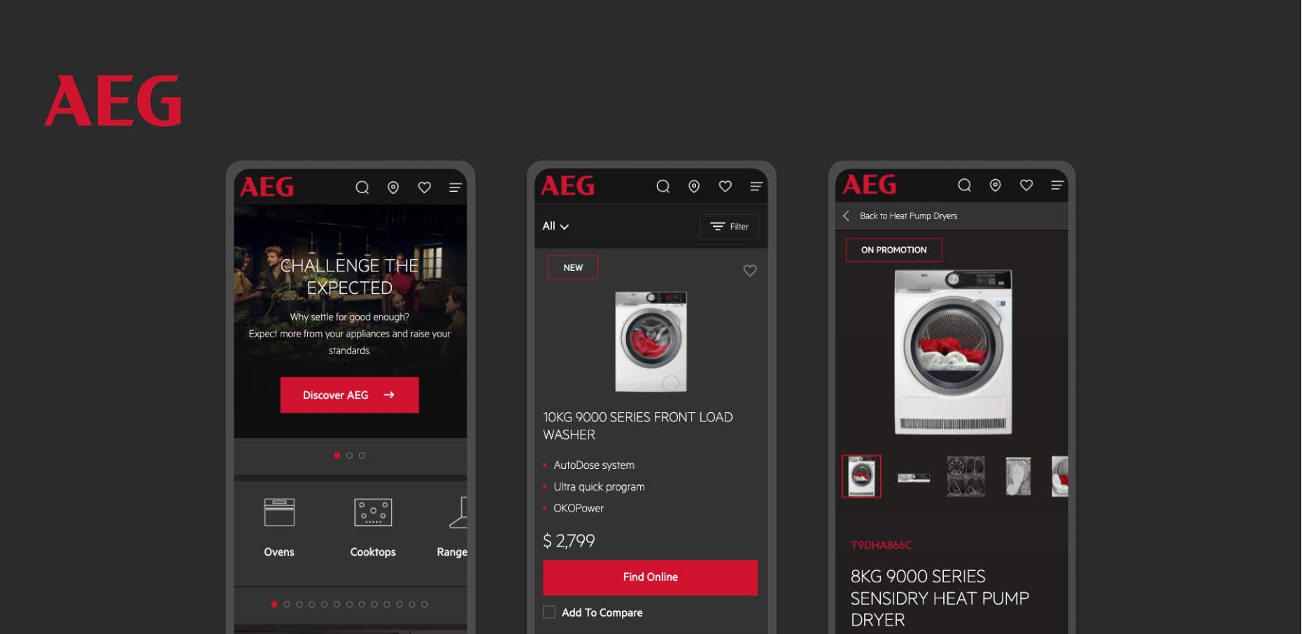 AEG appliances mobile view showing 10kg front load washer and 8kg heat pump dryer