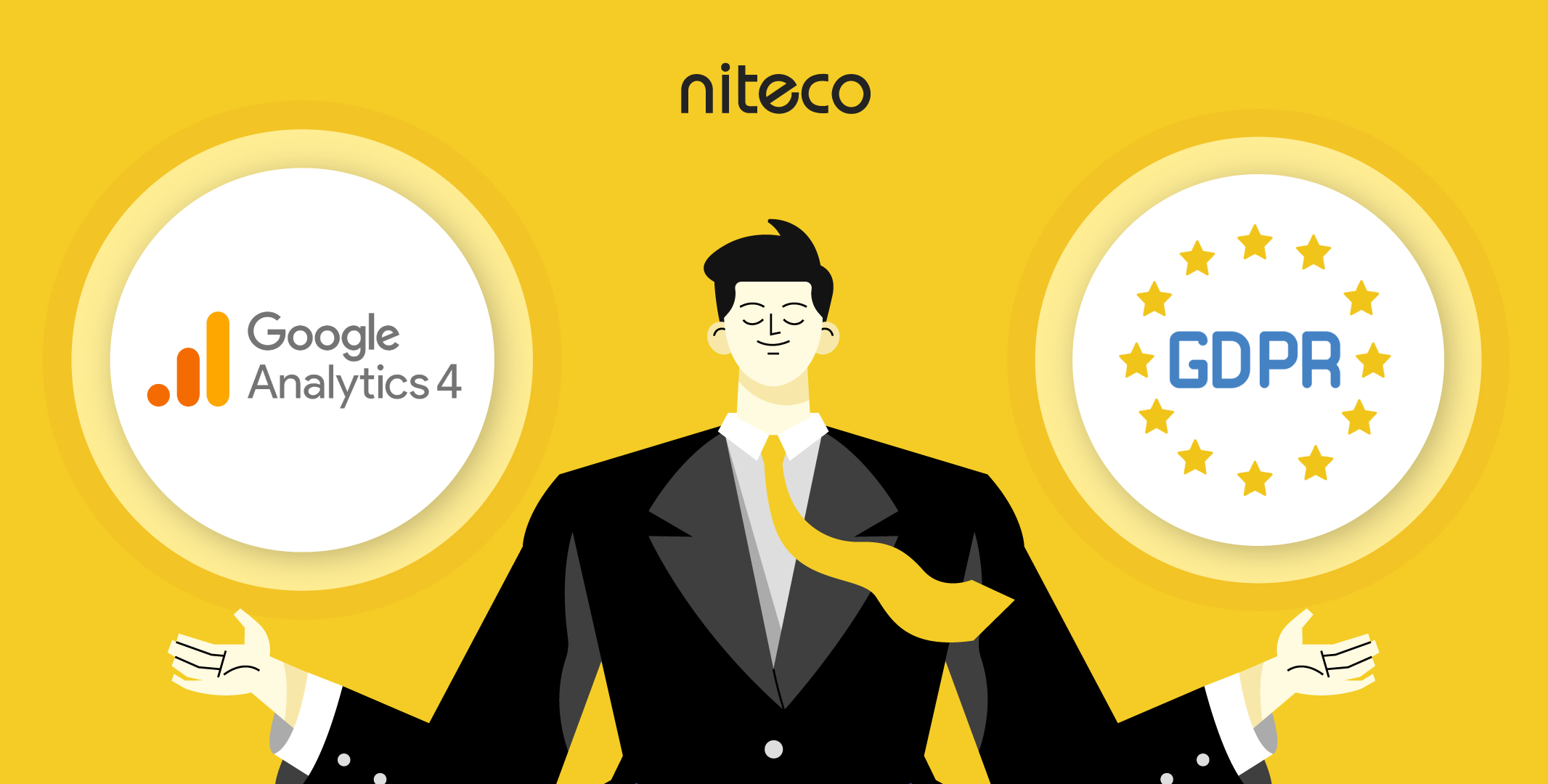 Man balancing Google Analytics 4 and GDPR icons representing compliance and analytics