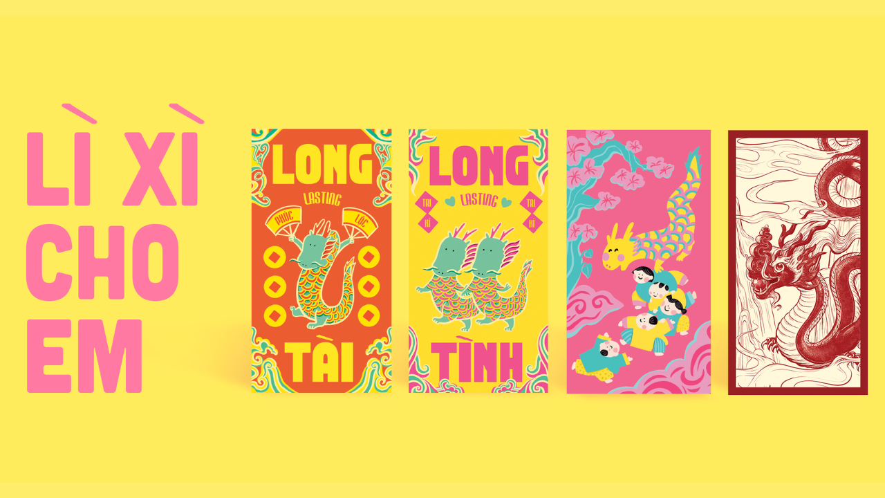Lì xì cho em colorful dragon-themed red envelopes with festive designs