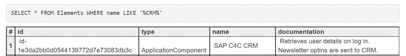  SQL query interface displaying search results for architecture models