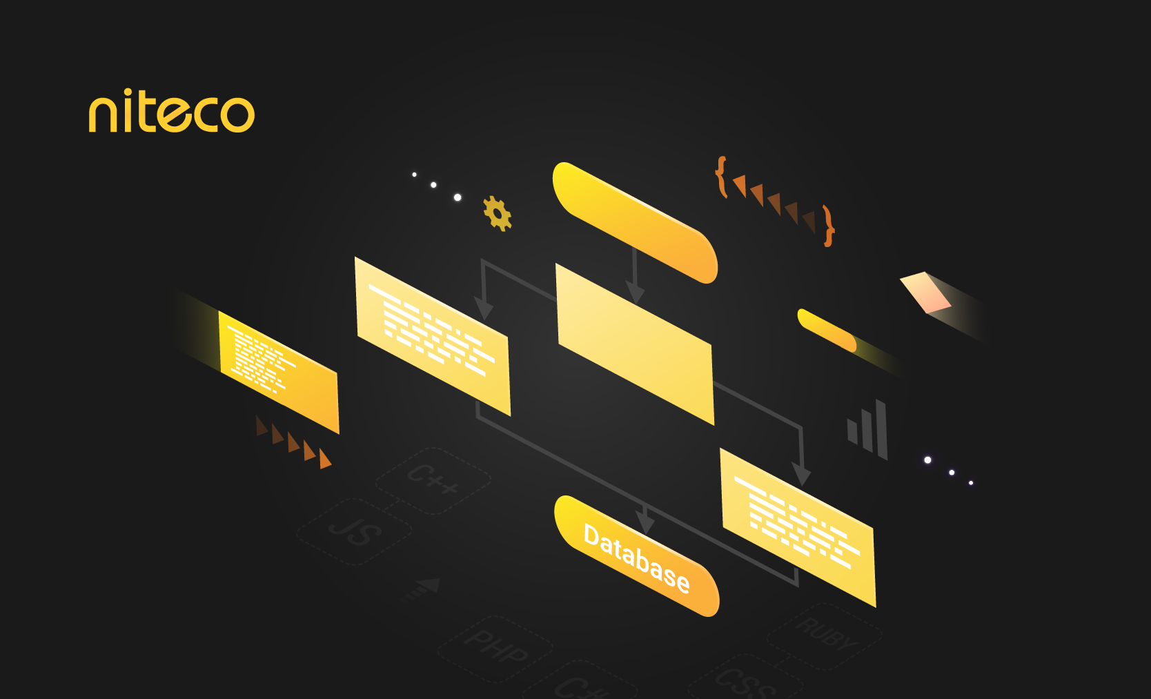 Niteco software development flowchart with database and coding elements on dark background