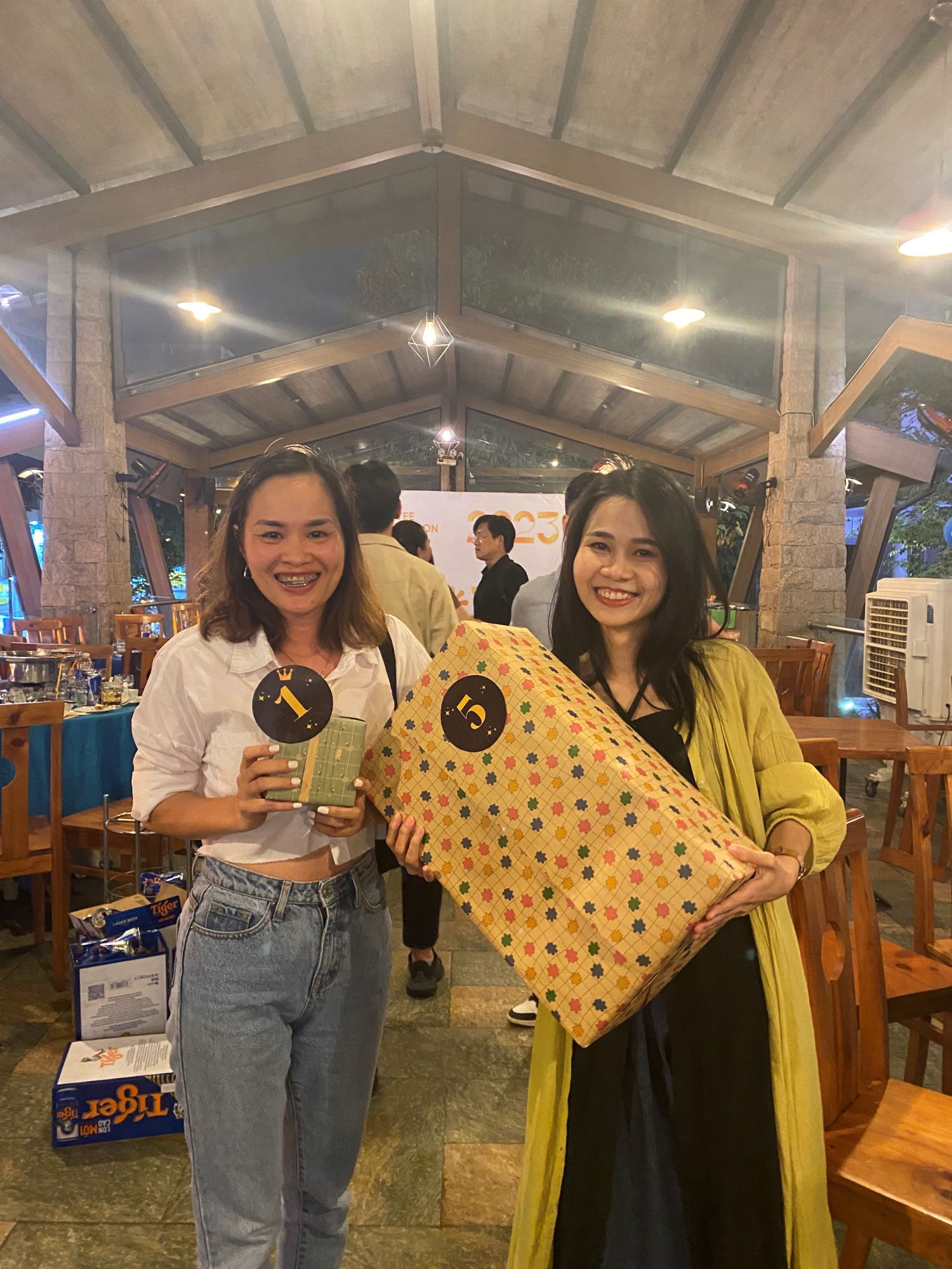 Employee celebrating after receiving prize