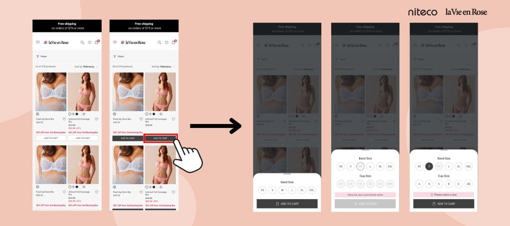 add-to-cart button on la Vie en Rose's PDP sticky