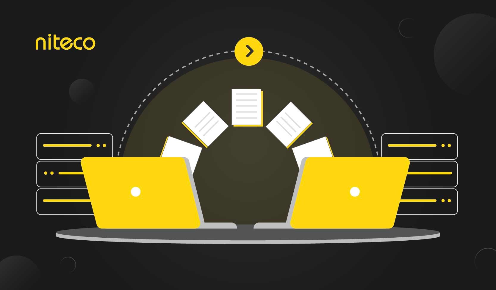 Yellow laptops transferring files between servers for secure data exchange on Niteco
