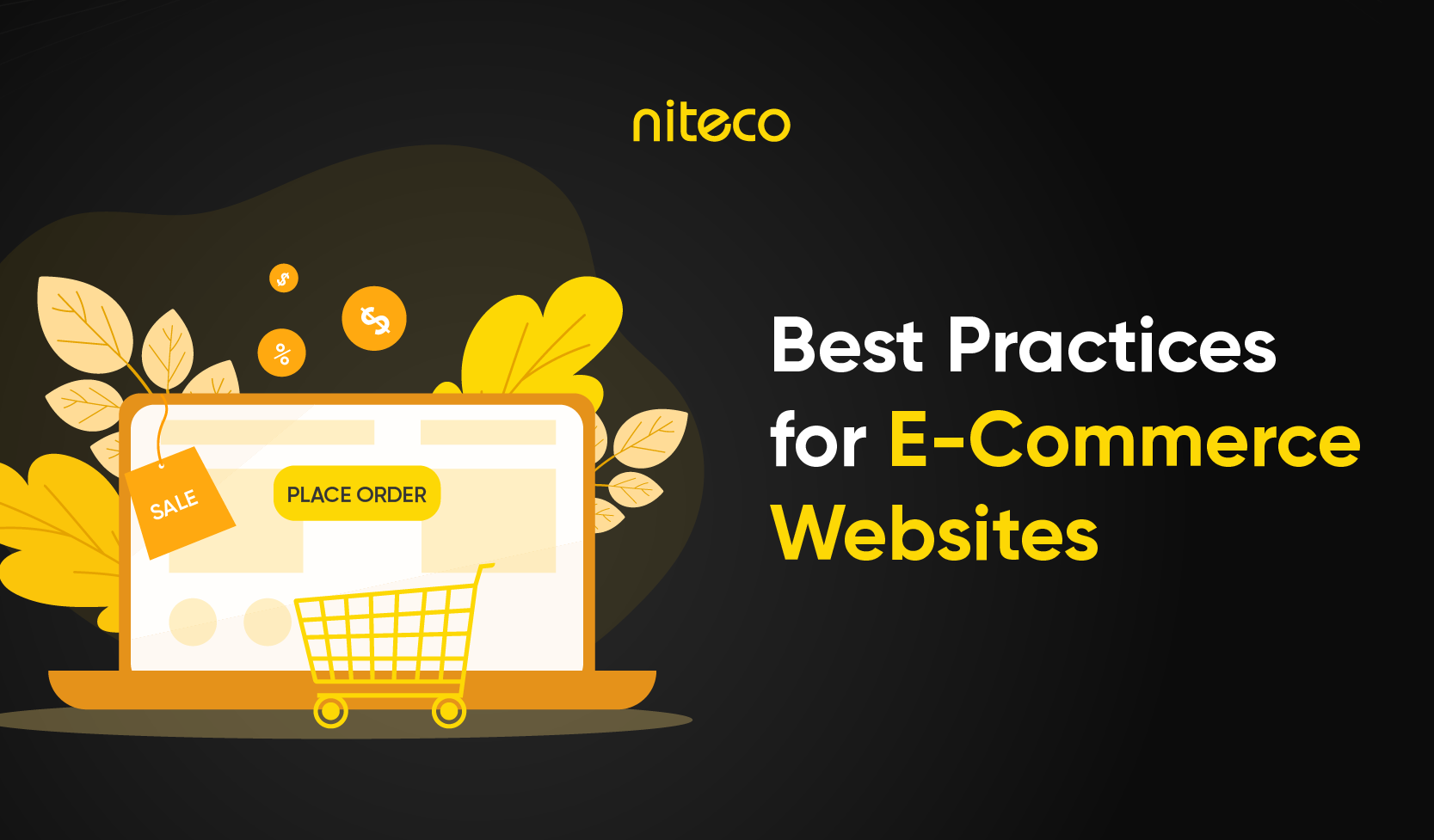 Illustration of a laptop with a shopping cart and "Best Practices for Commerce Websites" text.
