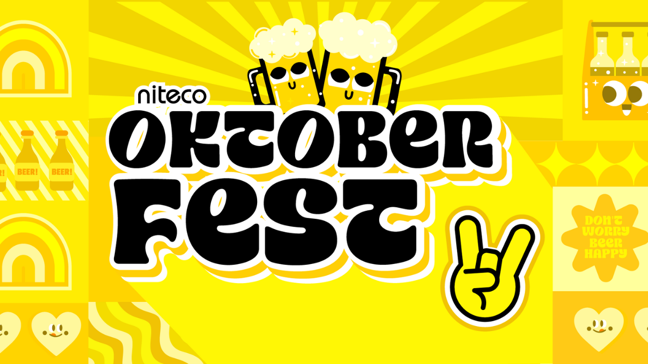 Niteco Oktoberfest with clinking beer mugs and festive yellow design elements