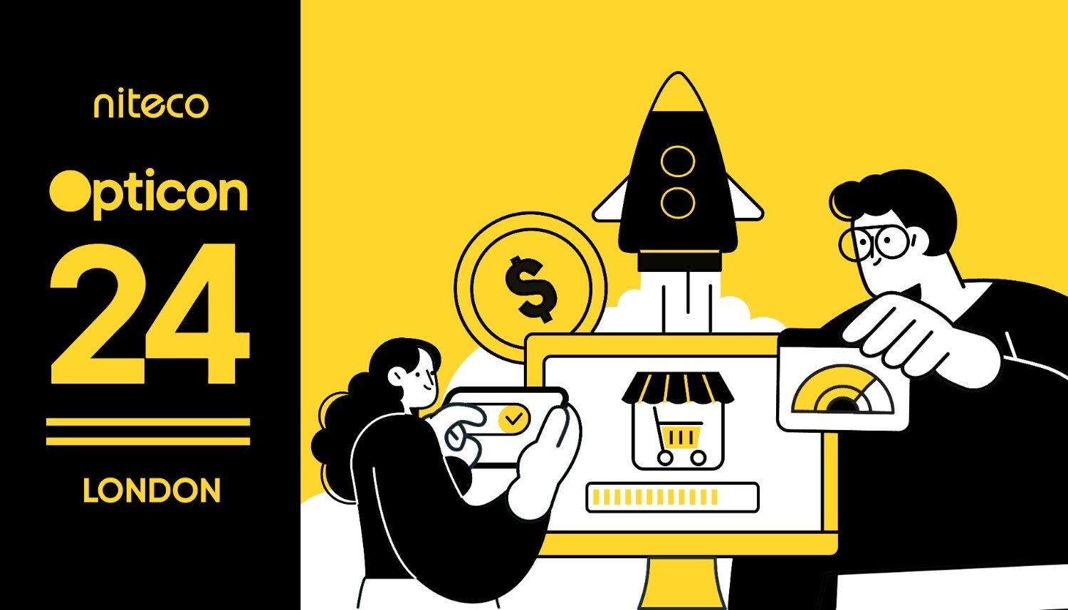 Opticon 24 event in London showing Commerce growth with rocket and analytics