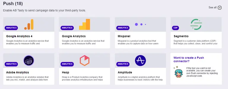 A screenshot of AB Tasty’s integration hub.