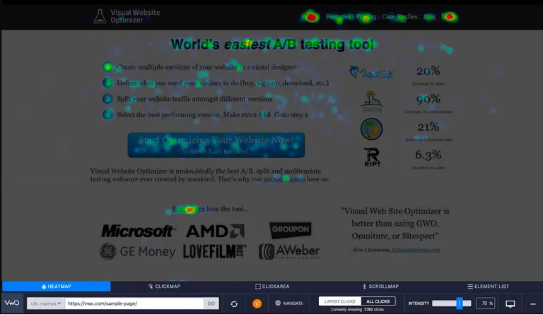 A screenshot of VWO’s heatmaps 