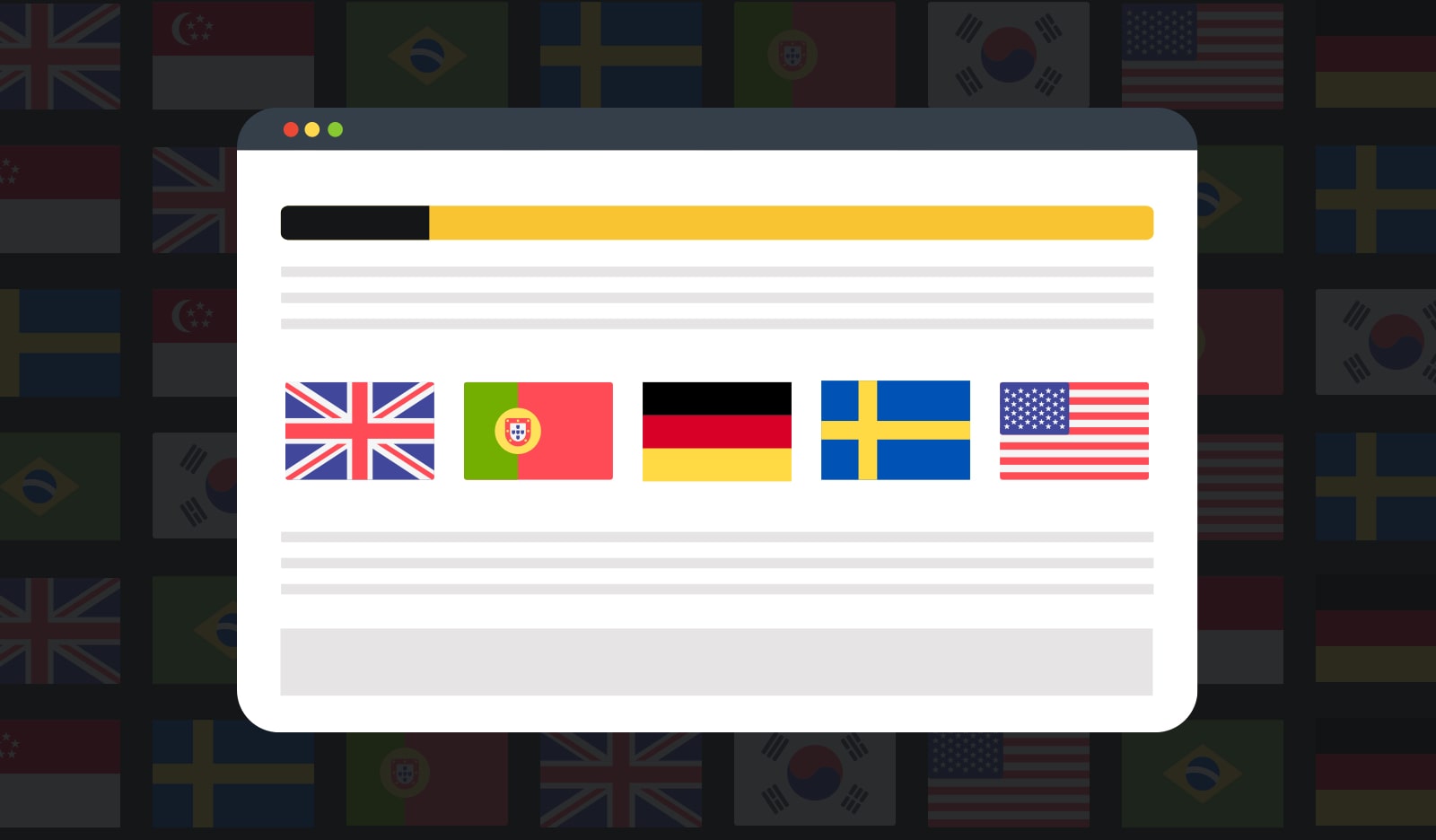 Website language selection with flags of UK, Portugal, Germany, Sweden, and USA