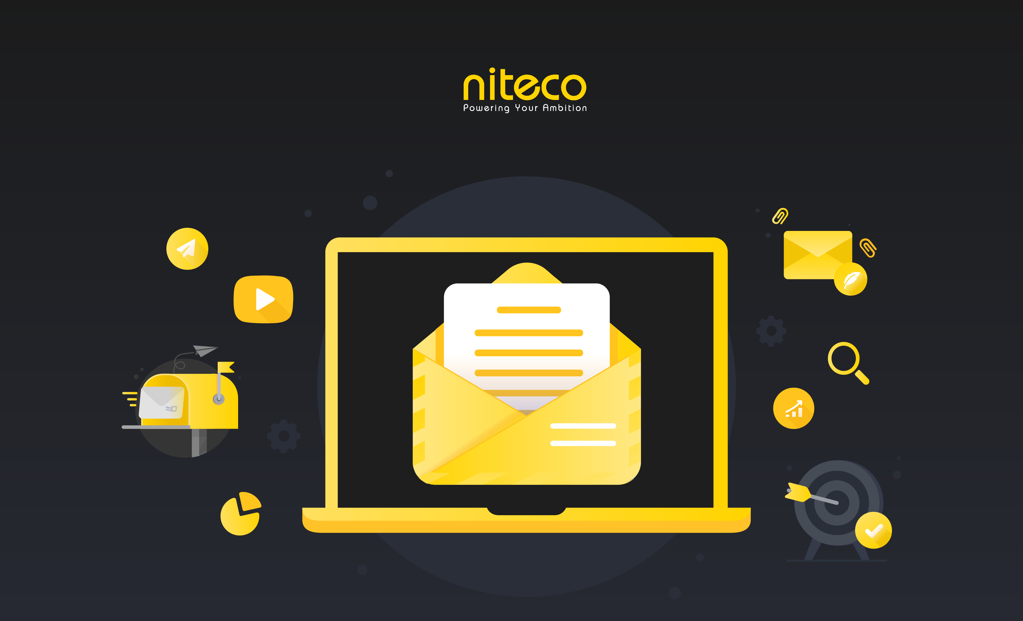Niteco email marketing featuring a laptop with a yellow envelope and communication icons