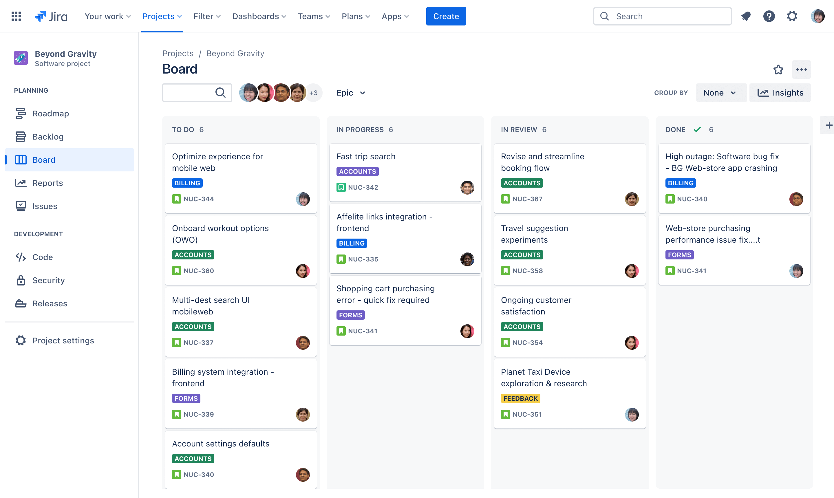 jira Jira board showing sprint tasks in columns: To Do, In Progress, Ready for Testing, and Done