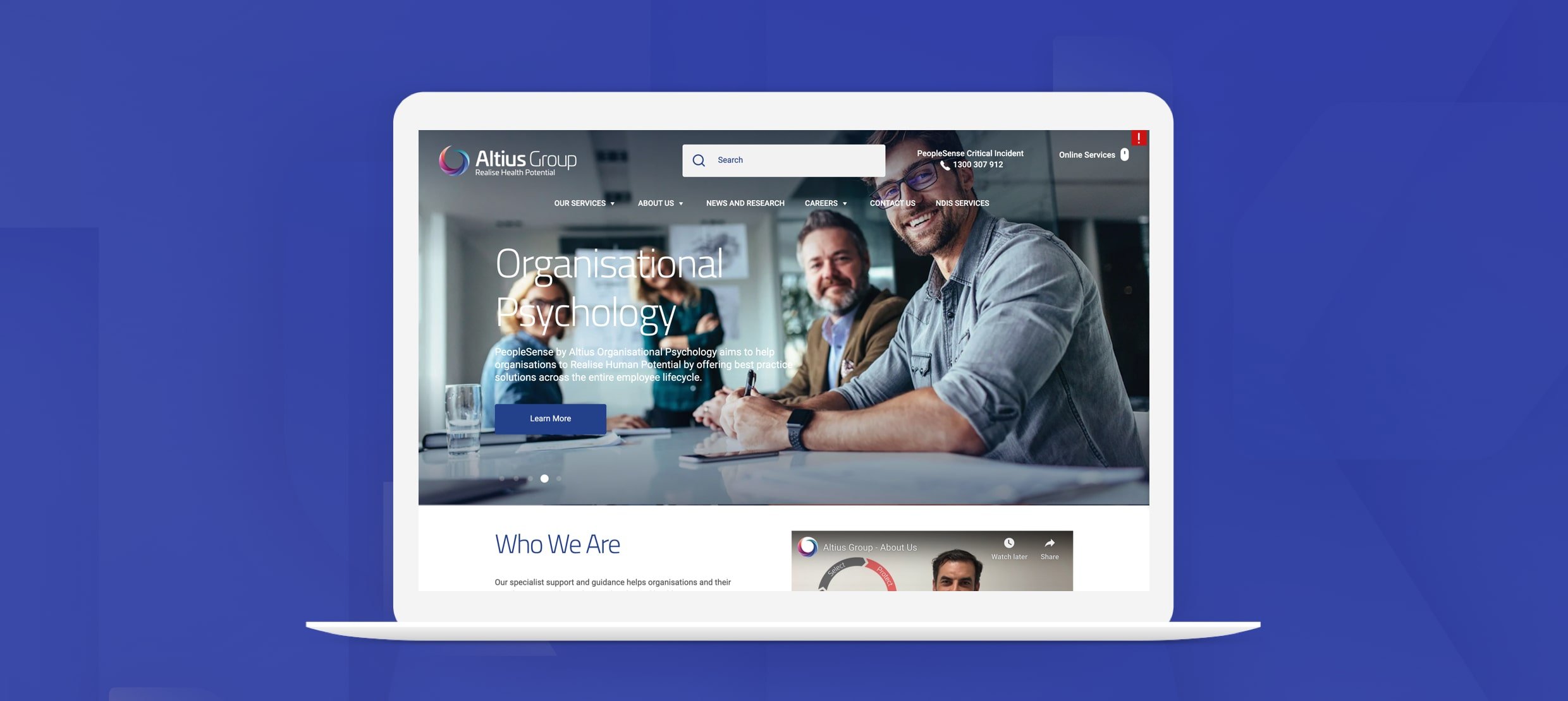 Altius Group website showing Organisational Psychology services and team meeting