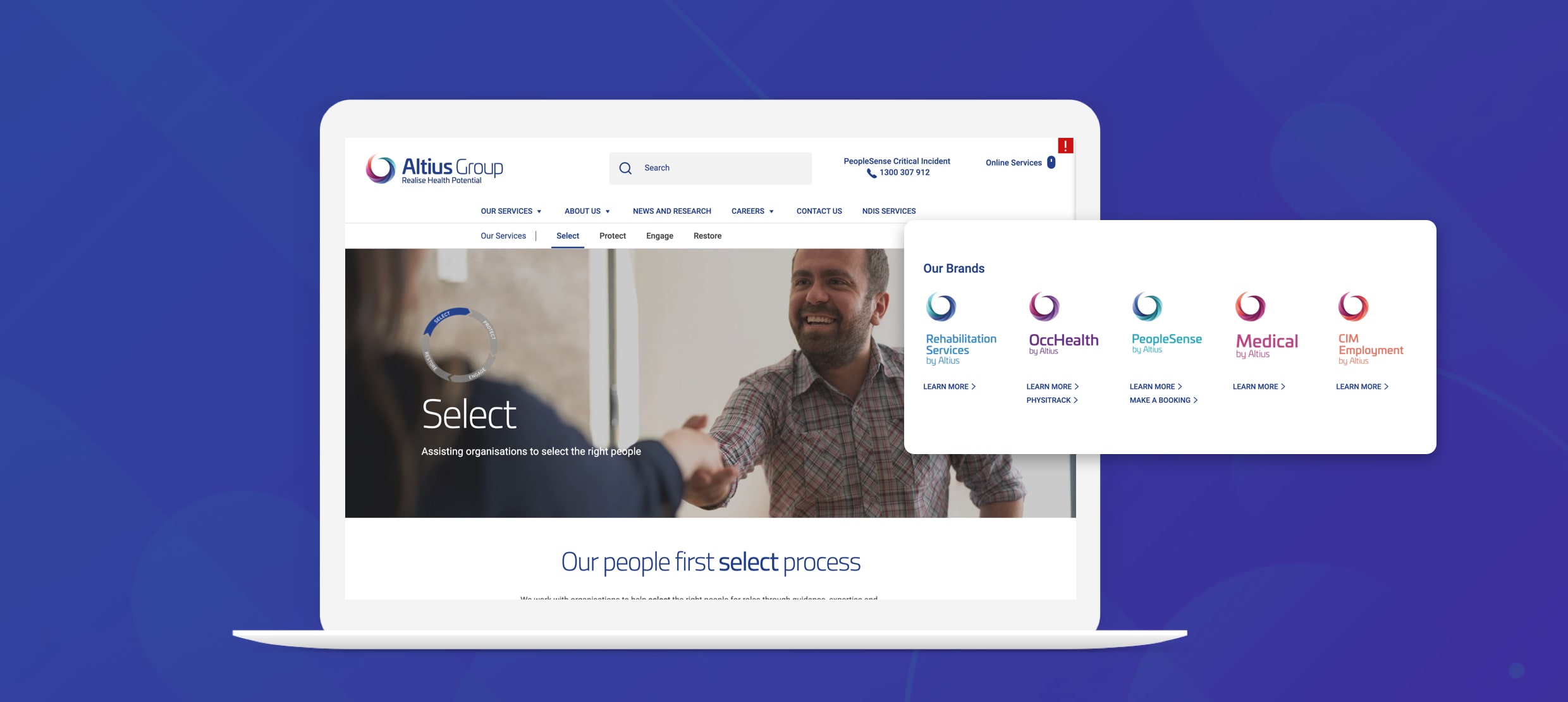 Altius Group Select process webpage with brand services and handshake gesture