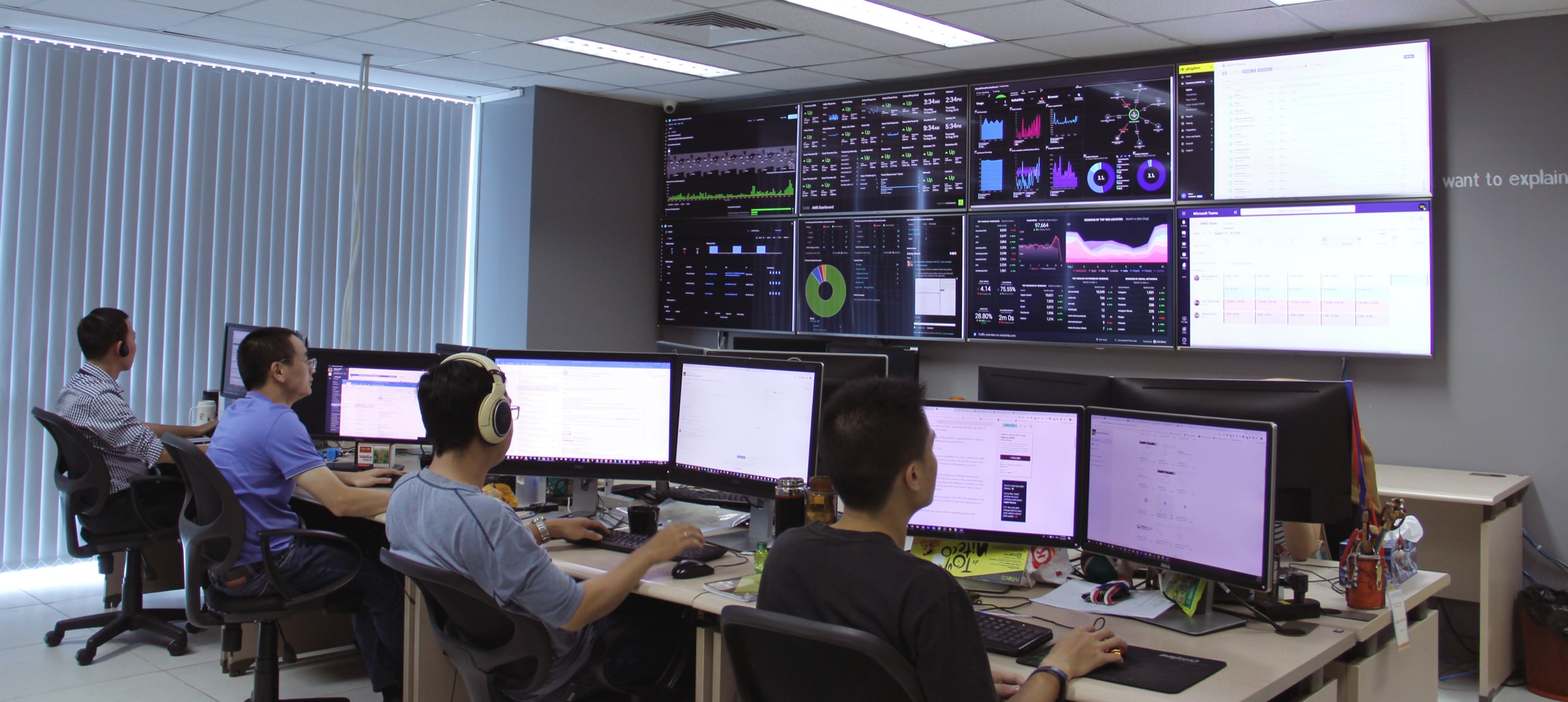 IT team monitoring real-time data dashboards in a cybersecurity control room
