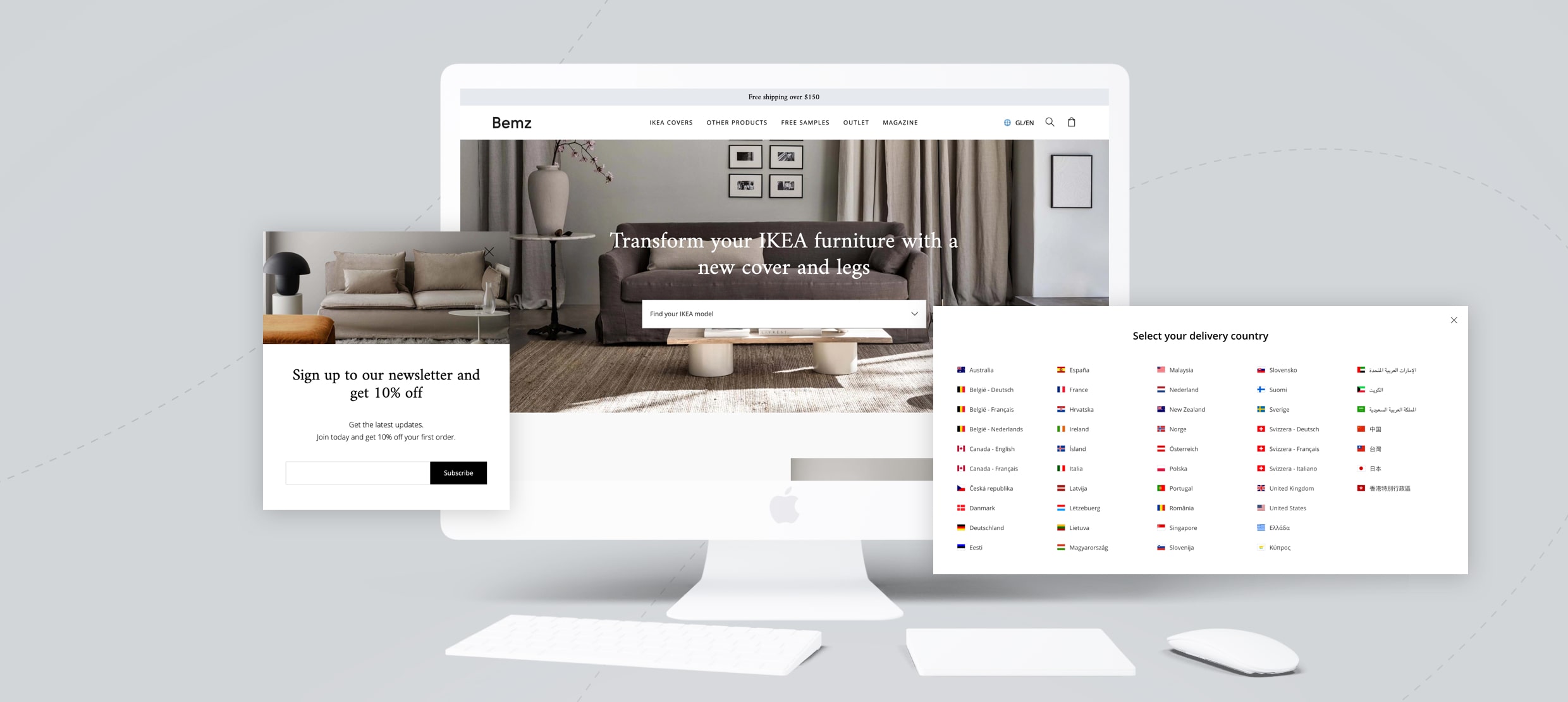 Bemz website showcasing IKEA furniture covers, newsletter signup, and delivery options