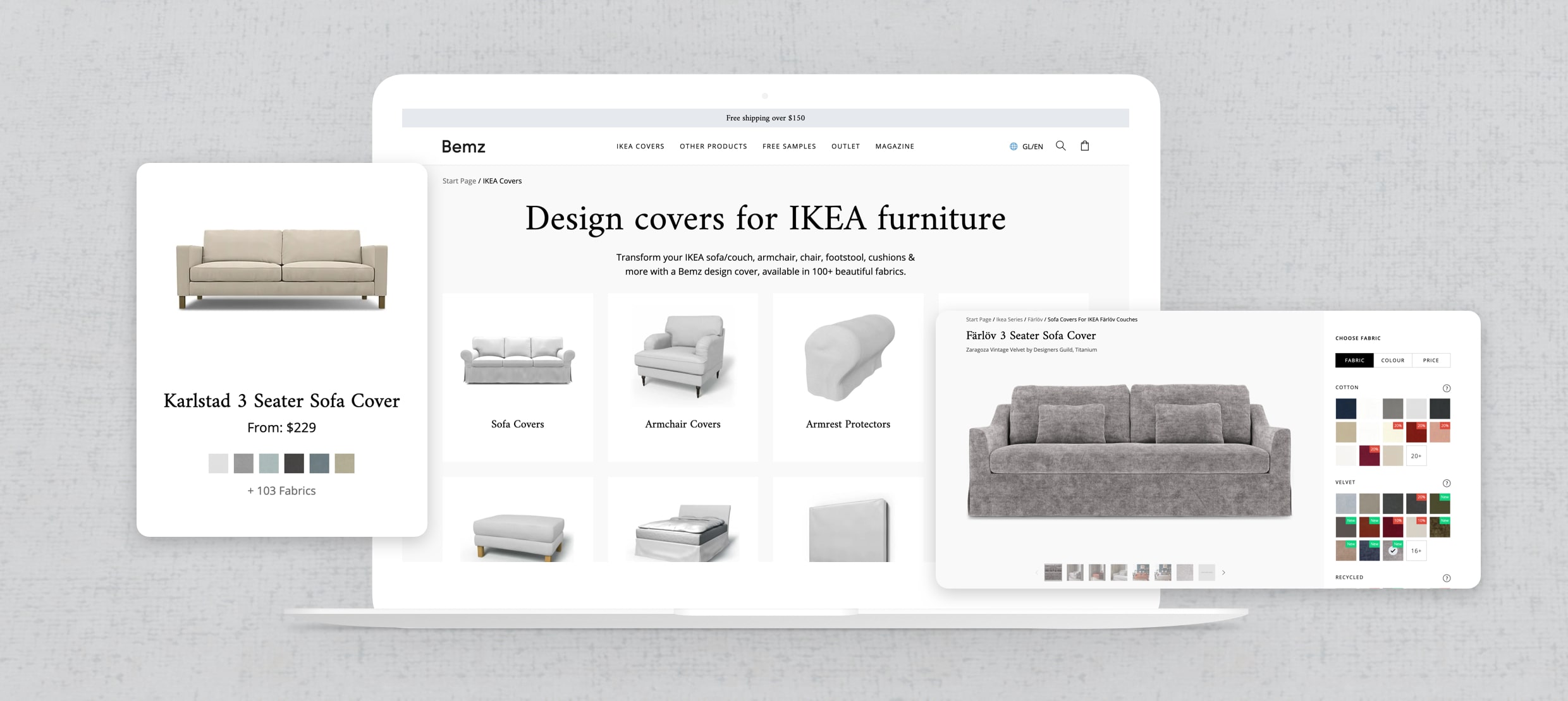 Design covers for IKEA furniture with customizable sofa and armchair options.