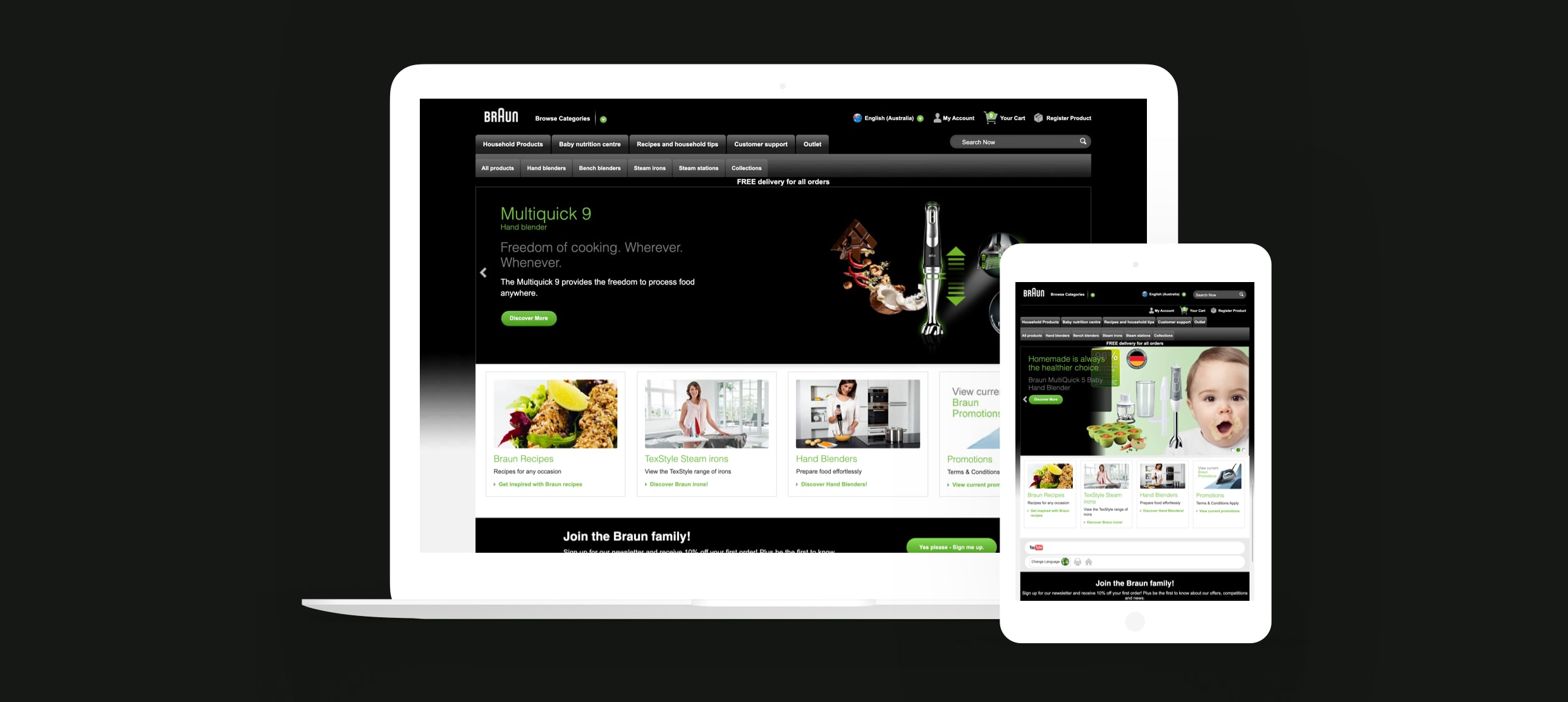 Braun website showing Multiquick 9 hand blender and baby nutrition center products