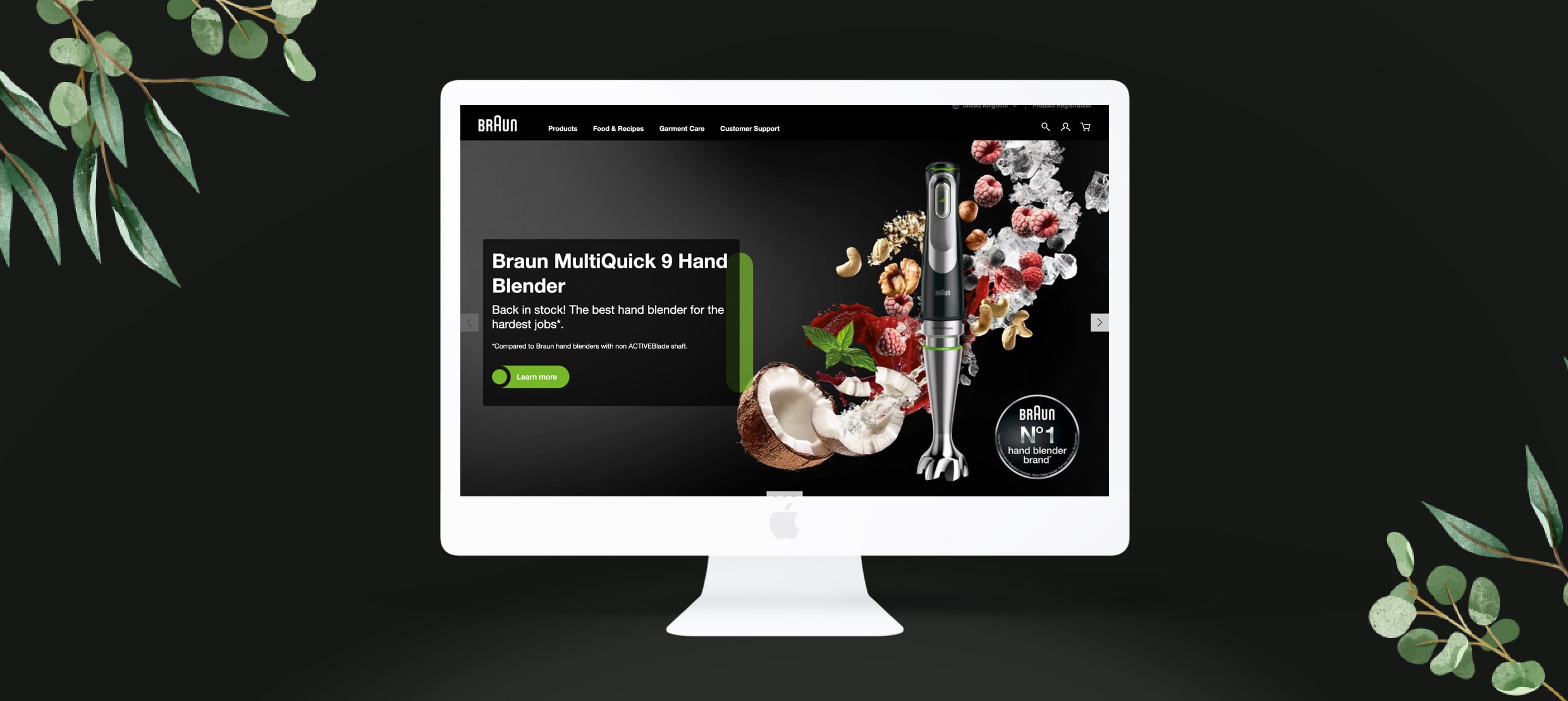 Braun MultiQuick 9 Hand Blender with fresh ingredients and product details on screen