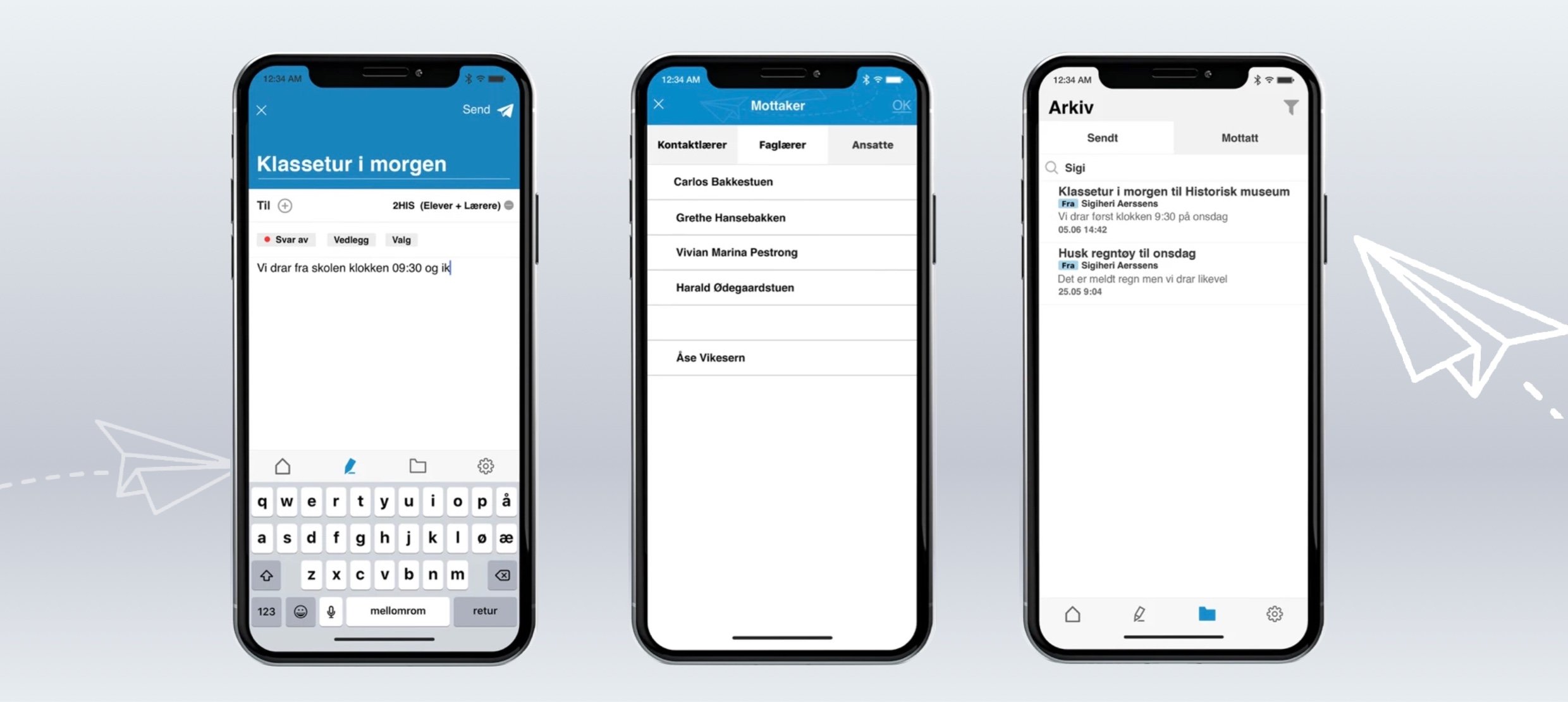 Klassetur i morgen app screens showing message drafting, recipient list, and message archive
