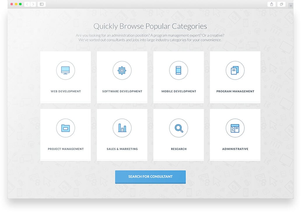 Quickly browse popular categories like web, software, mobile, and program management.