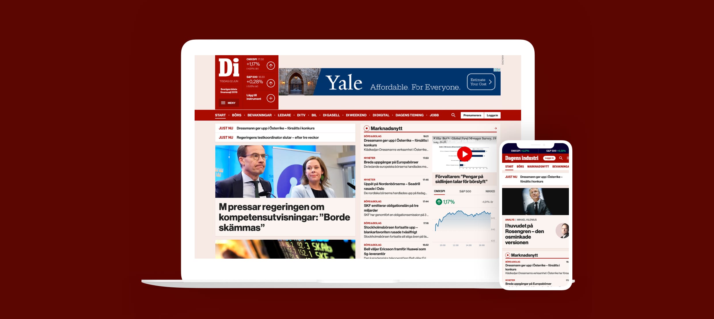 Dagens industri news portal displayed on laptop and mobile with market updates