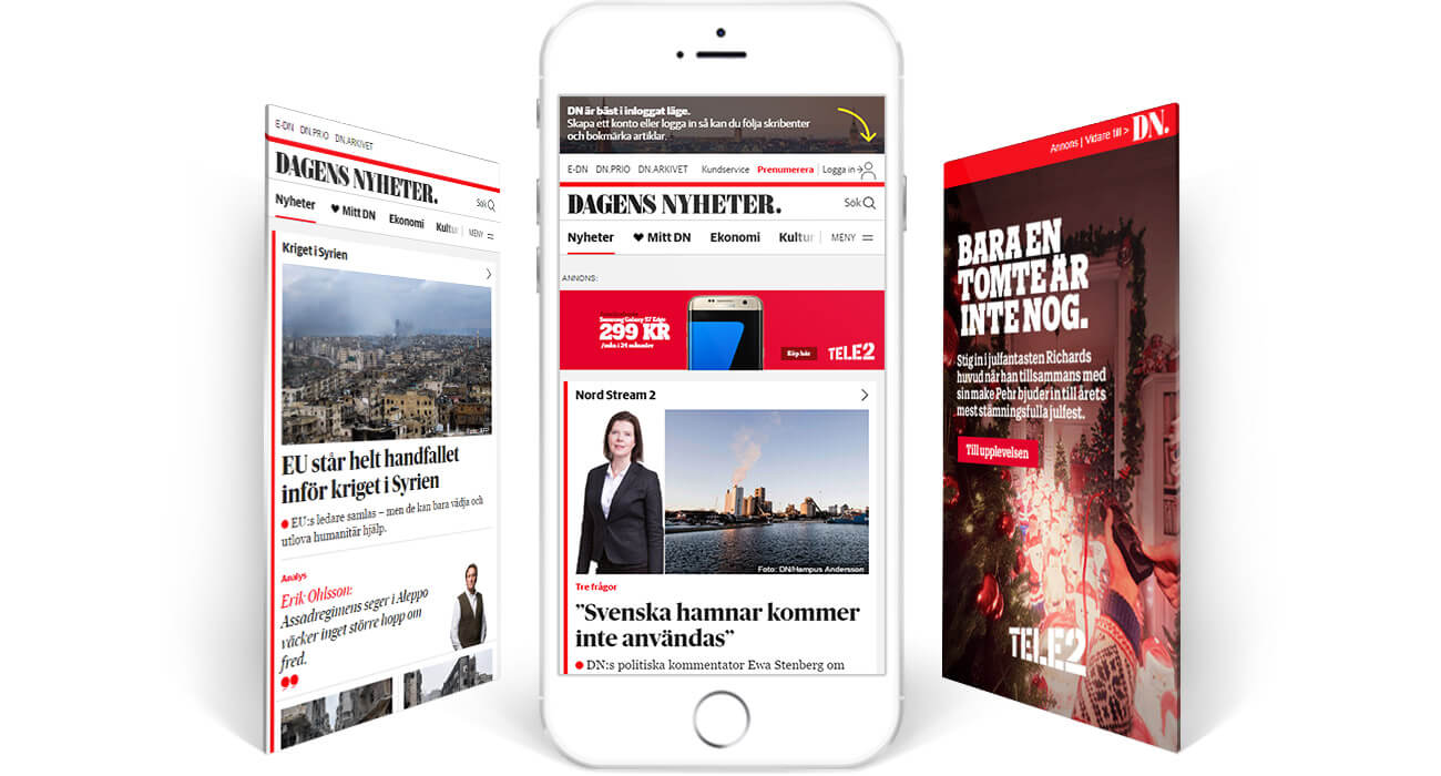 Dagens Nyheter news articles and ads displayed on mobile and tablet screens