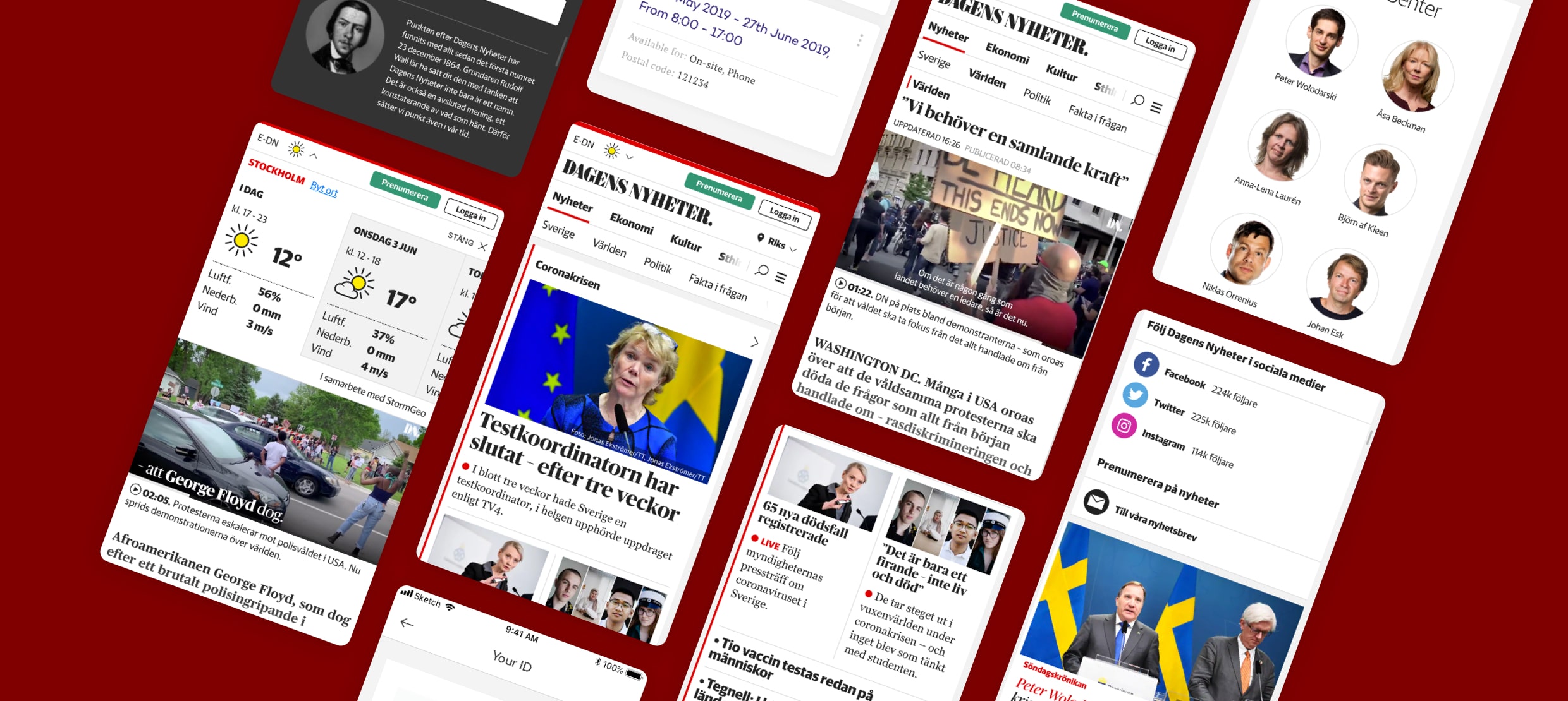 Dagens Nyheter mobile website showing news, weather, and staff profiles