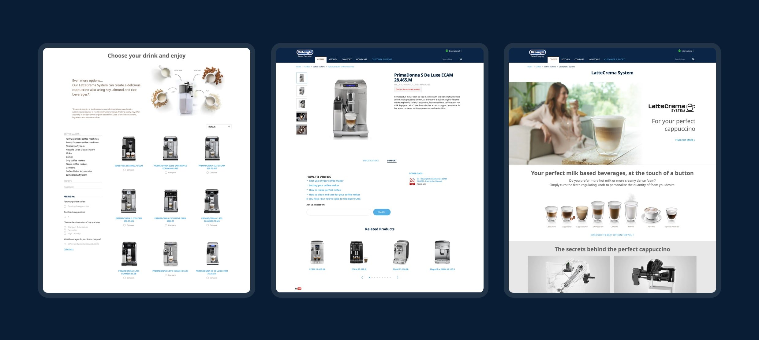 Coffee machines and LatteCrema system for perfect milk-based cappuccino drinks