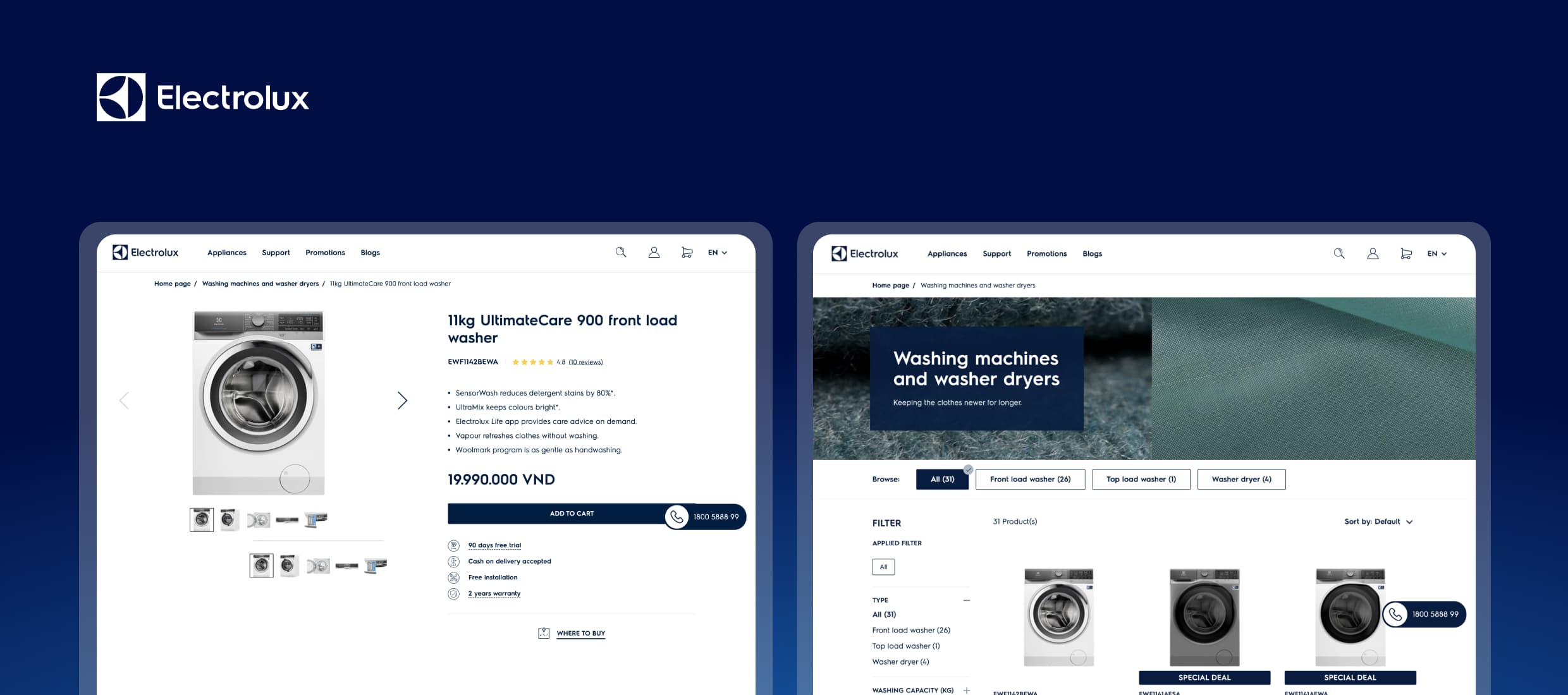 Electrolux washing machines and washer dryers product page with UltimateCare 900 details